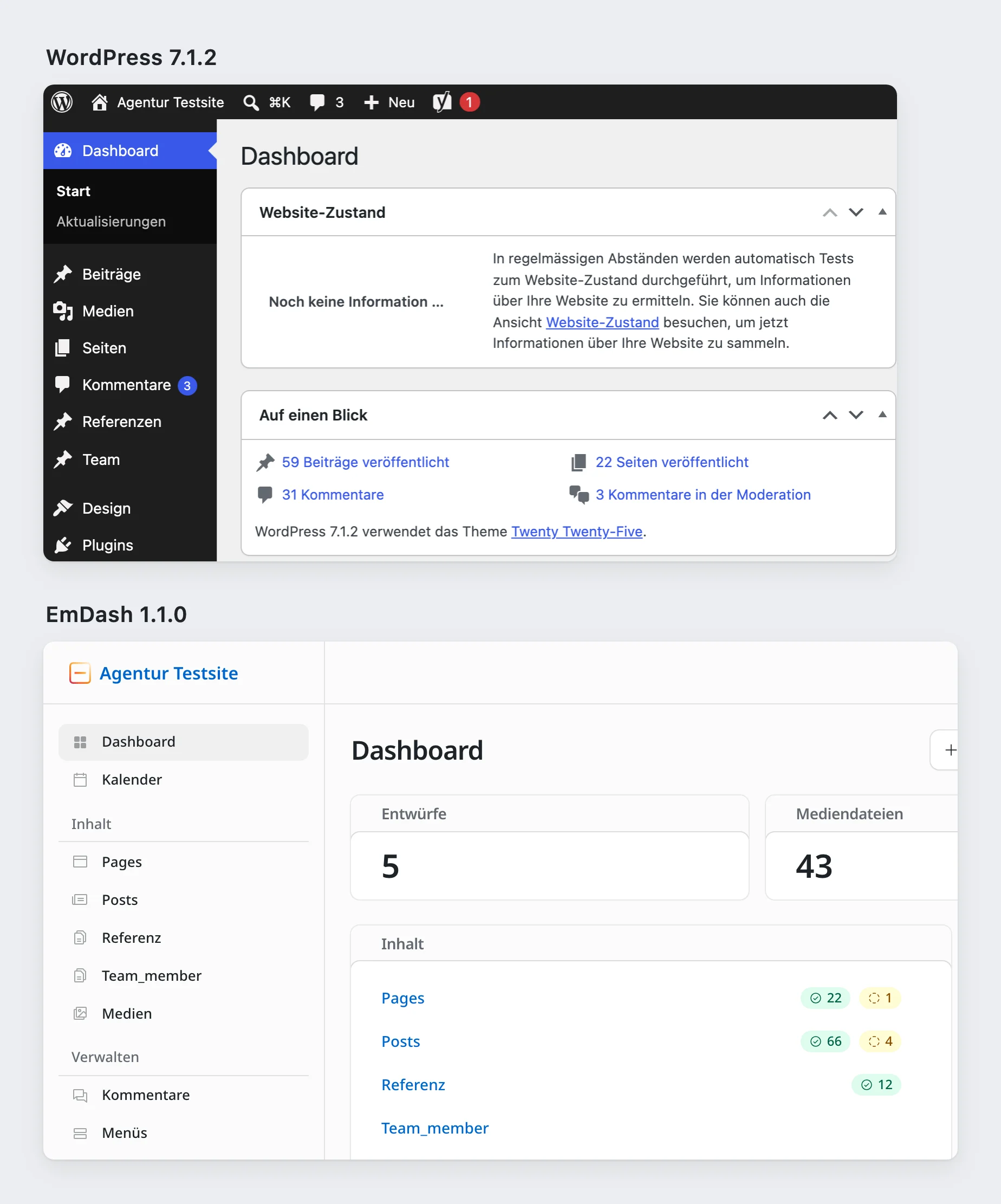 Oben das deutschsprachige Dashboard von WordPress 7.1.2 mit Menü, Website-Zustand und der Übersicht „Auf einen Blick“, unten das Dashboard von EmDash 1.1.0 mit Entwürfen, Mediendateien und den importierten Inhaltstypen.