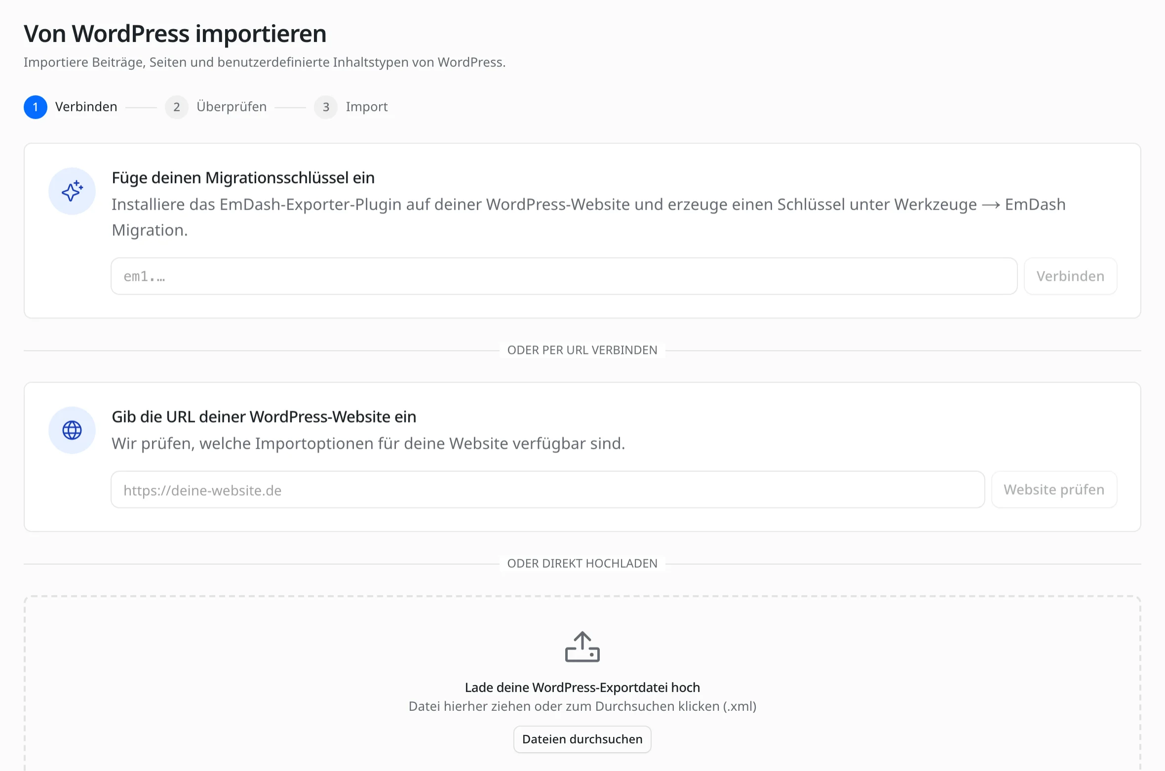Der Import-Assistent von EmDash mit drei Möglichkeiten: Migrationsschlüssel einfügen, die URL der WordPress-Website prüfen oder die WordPress-Exportdatei hochladen.