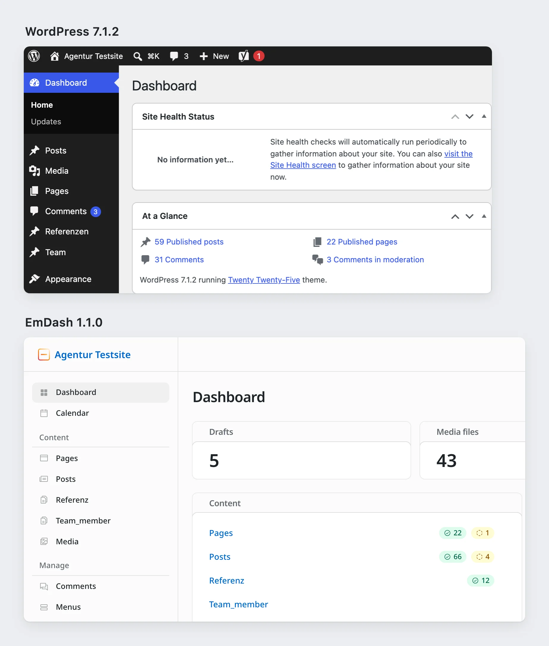At the top the WordPress 7.1.2 dashboard with its menu, Site Health Status and At a Glance, below it the EmDash 1.1.0 dashboard with drafts, media files and the imported content types.