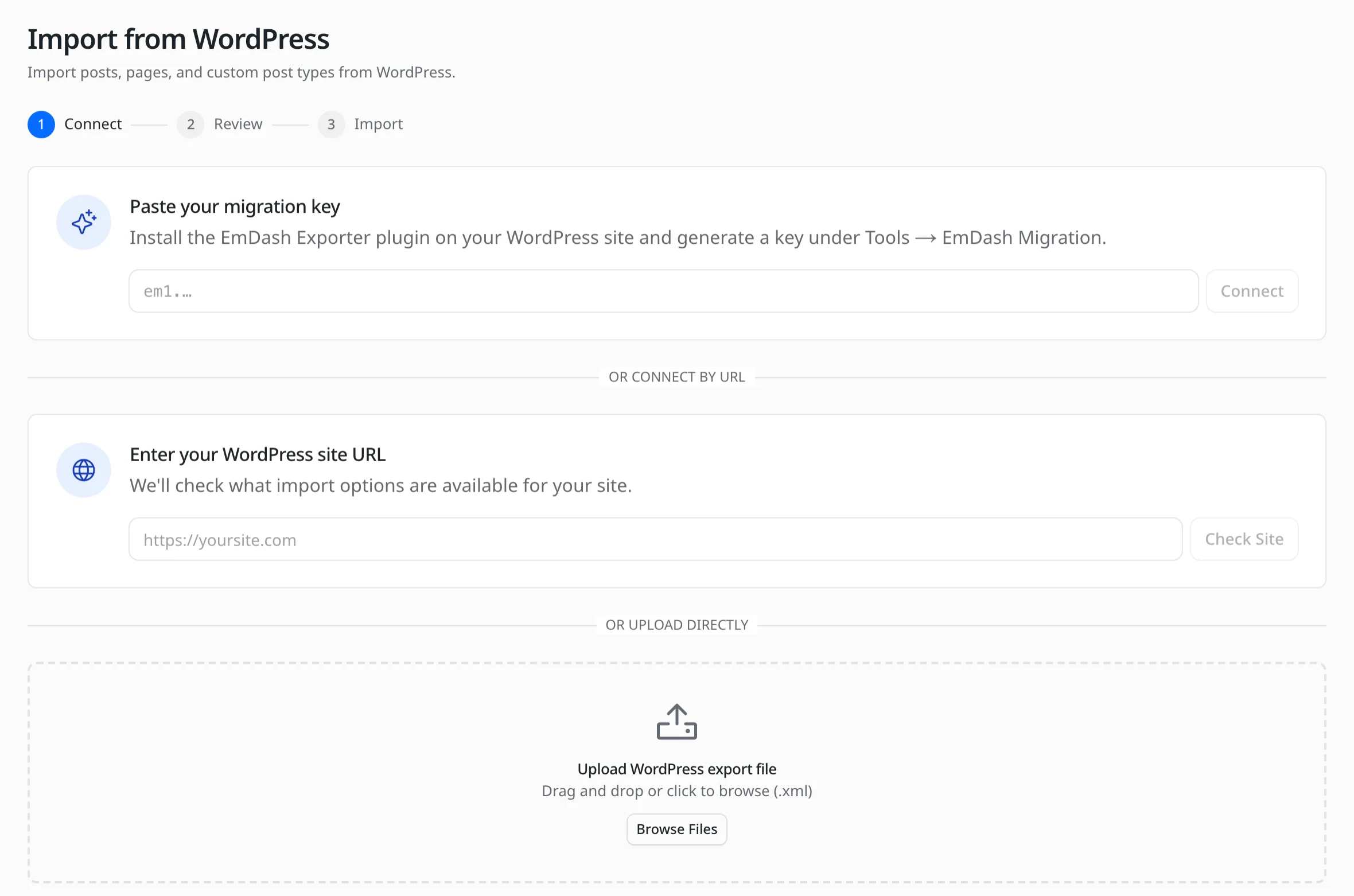 The EmDash import wizard with three options: paste a migration key, check the URL of the WordPress site, or upload the WordPress export file.