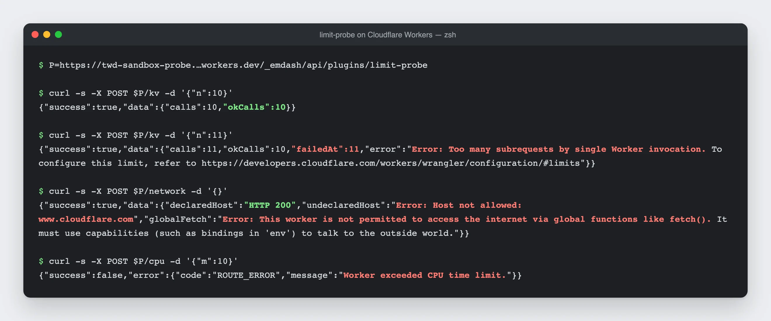 A terminal with four calls to the test plugin on Cloudflare. Ten storage calls go through. With eleven, the eleventh fails with "Too many subrequests by single Worker invocation". The network test returns HTTP 200 for example.com, "Host not allowed" for www.cloudflare.com and a block for plain fetch(). About 50 milliseconds of computation aborts with "Worker exceeded CPU time limit".