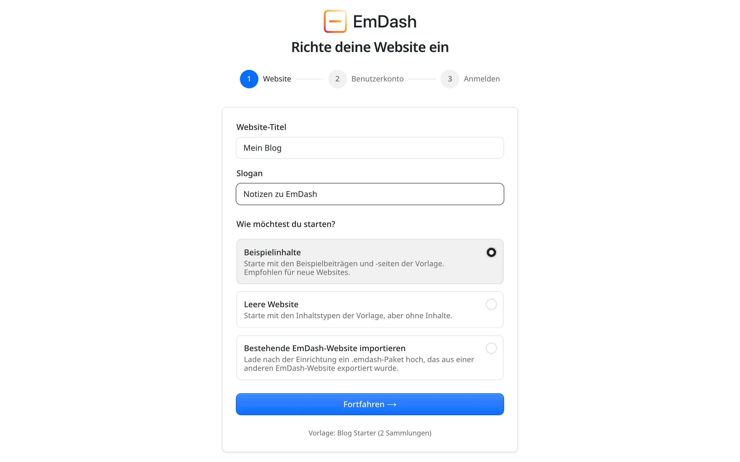 Der erste Schritt des Einrichtungs-Assistenten von EmDash mit den Feldern Website-Titel und Slogan. Darunter die Wahl, mit den Beispielinhalten der Vorlage, mit einer leeren Website oder mit dem Import einer anderen EmDash-Website zu starten.
