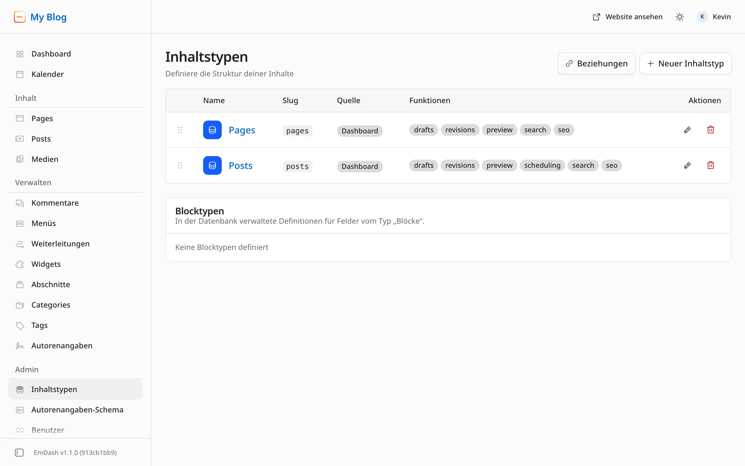 Die Seite Inhaltstypen im EmDash-Admin mit den beiden Typen Pages und Posts und ihren Funktionen wie drafts, revisions, preview, scheduling, search und seo. Oben rechts die Knöpfe Beziehungen und Neuer Inhaltstyp.
