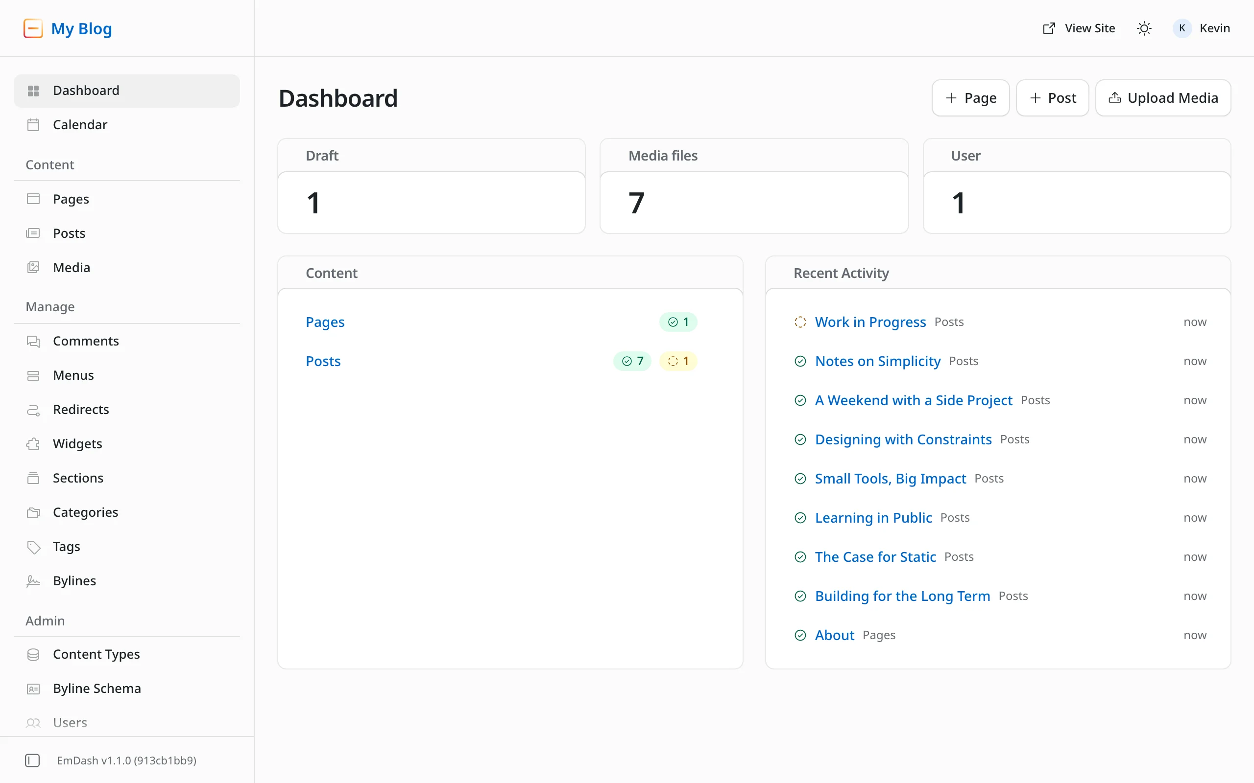 EmDash's dashboard after the setup. On the left the navigation with Content, Manage and Admin, on the right counters for drafts, media files and users and a list of the template's sample posts.
