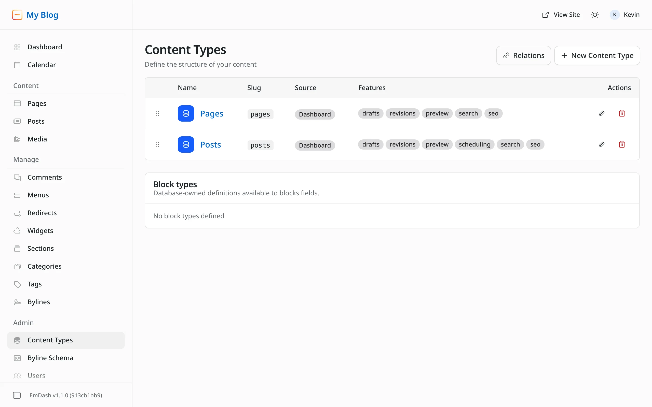 The Content Types page in the EmDash admin with the two types Pages and Posts and their features such as drafts, revisions, preview, scheduling, search and seo. Top right the buttons Relations and New Content Type.