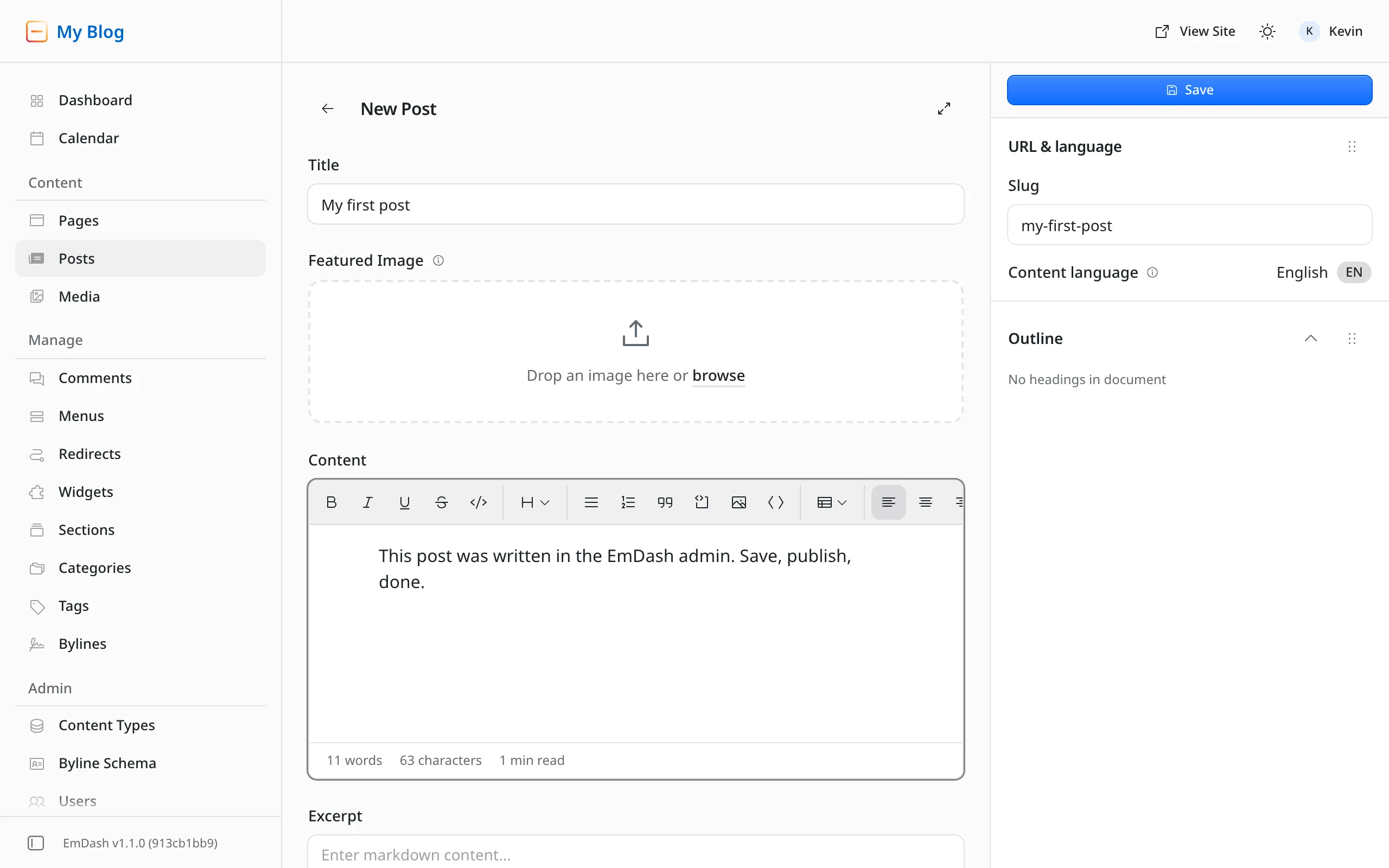 The editor for a new post in the EmDash admin. On the left title, featured image and the content with a toolbar for bold, headings, lists, quotes, code, images and tables. On the right the Save button and the URL and language panel with the slug my-first-post.