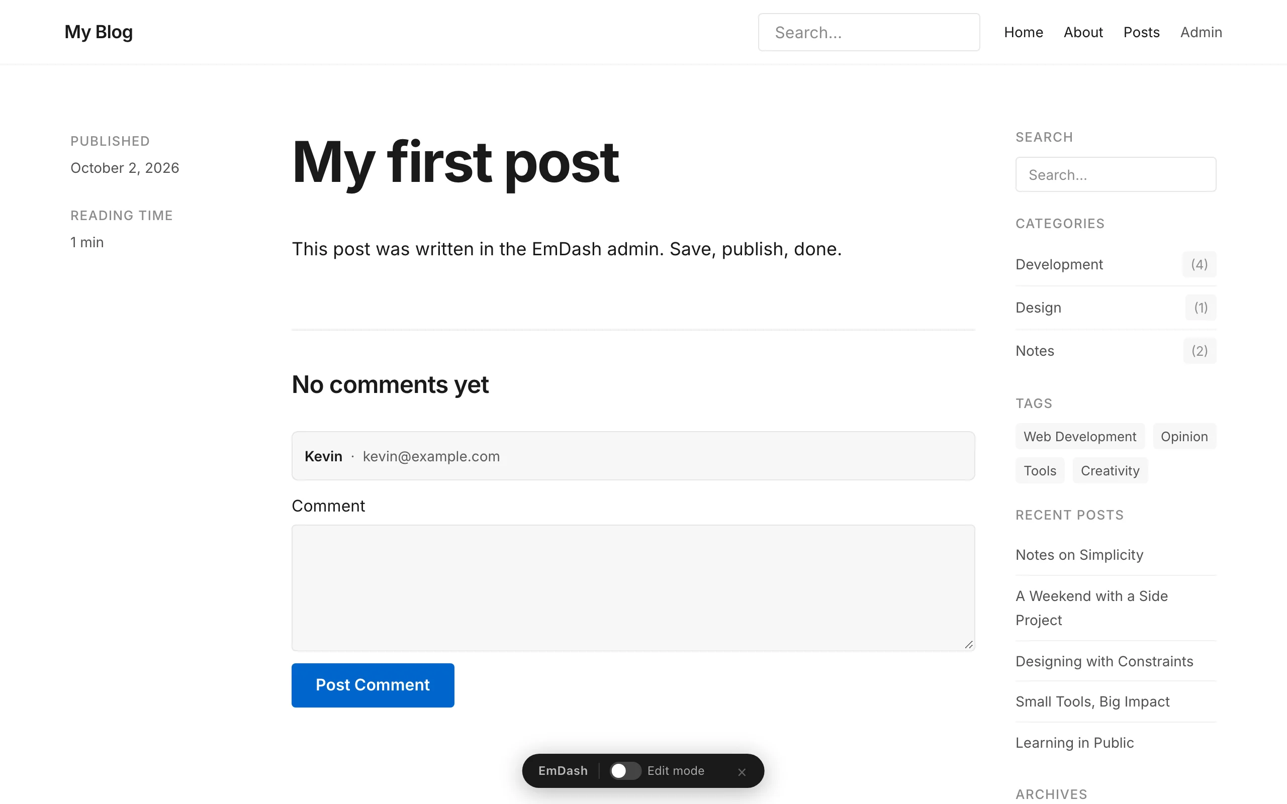 The published post "My first post" on the blog template's website with the site title My Blog, with publication date, reading time, the text, a comment form and a sidebar with search, categories and recent posts.