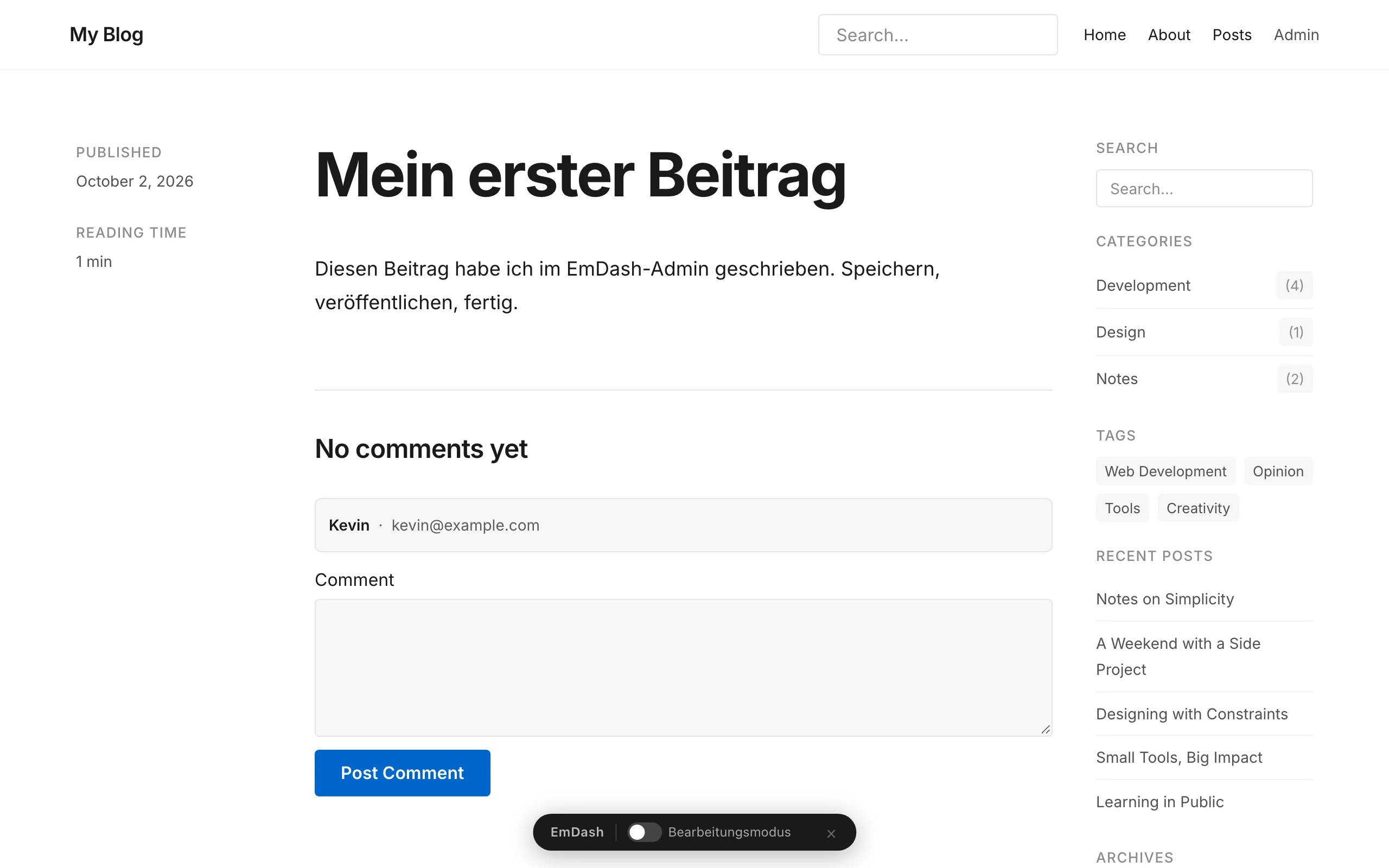 Der veröffentlichte Beitrag „Mein erster Beitrag“ auf der Website der Blog-Vorlage mit dem Site-Titel My Blog, mit Veröffentlichungsdatum, Lesezeit, dem Text, einem Kommentarformular und einer Seitenleiste mit Suche, Kategorien und neuen Beiträgen.