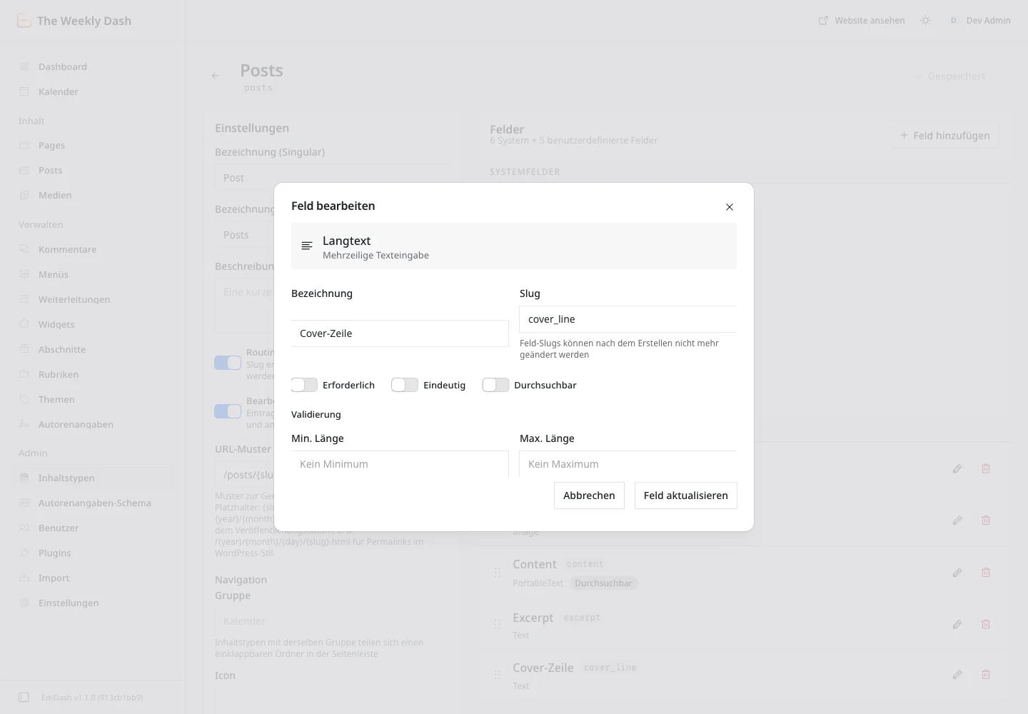 Dialog Feld bearbeiten für Cover-Zeile: Typ Langtext, Slug gesperrt, Schalter für Erforderlich, Eindeutig und Durchsuchbar