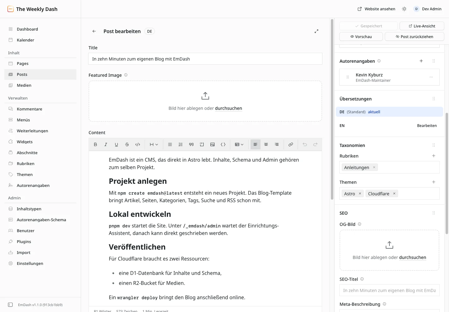 Editor eines gespeicherten Posts, rechts die Bereiche Autorenangaben, Übersetzungen und Taxonomien mit Rubrik Anleitungen und den Themen Astro und Cloudflare