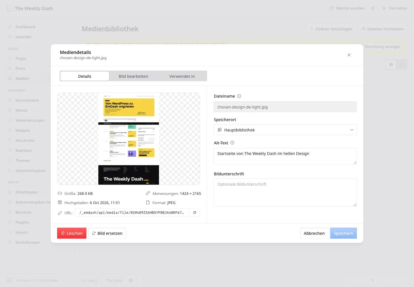 Mediendetails mit Vorschau, Dateiname, Speicherort Hauptbibliothek, Alt-Text und den Reitern Details, Bild bearbeiten und Verwendet in