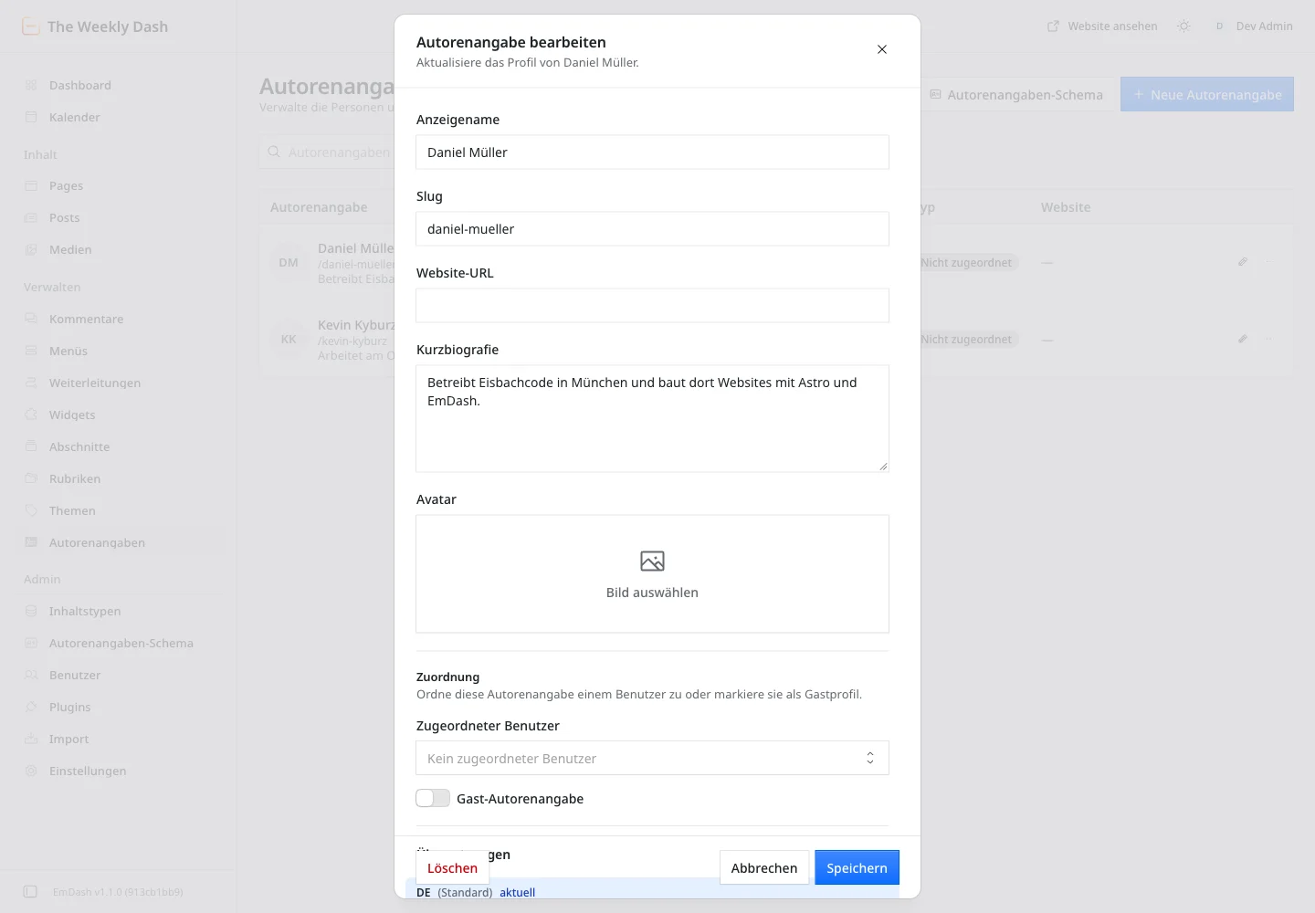 Dialog Autorenangabe bearbeiten: Anzeigename, Slug, Website-URL, Kurzbiografie, Avatar, Zuordnung zu einem Benutzer und Übersetzungen DE und EN