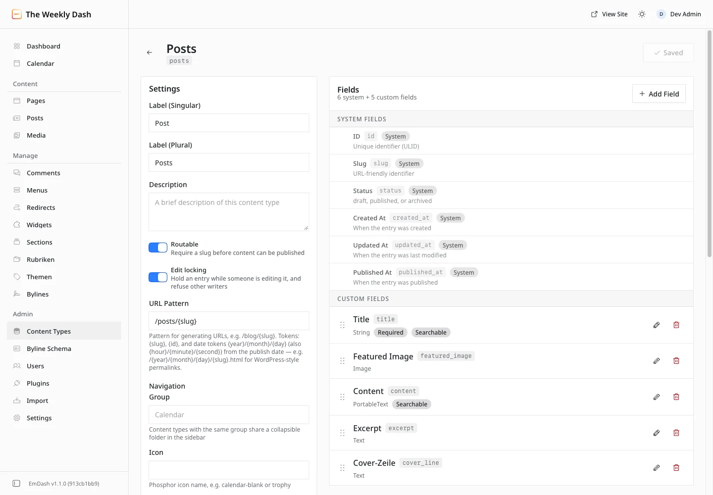 The Posts content type in the English admin: settings on the left, six system fields and five custom fields on the right, including Cover-Zeile