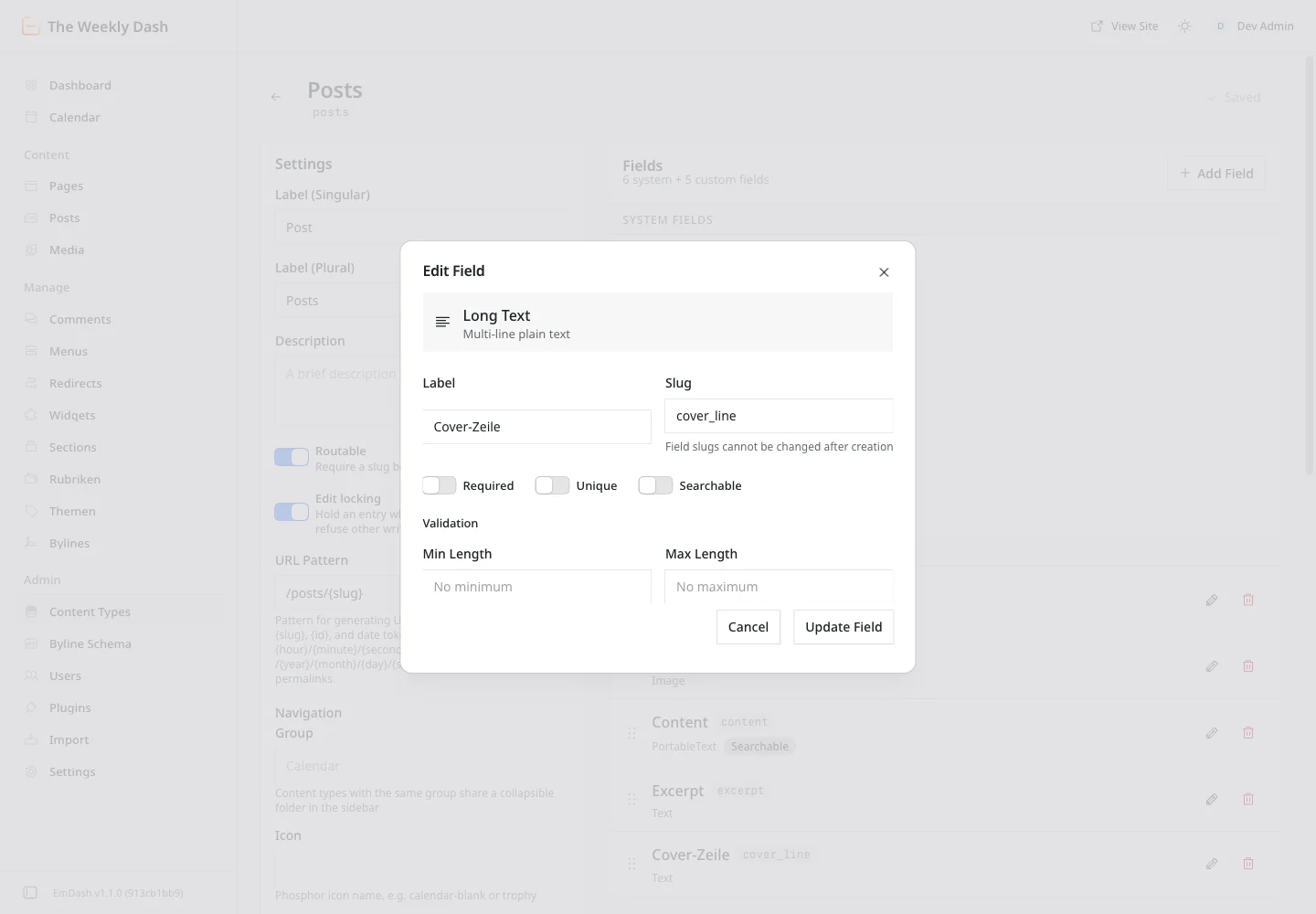 Edit Field dialog for Cover-Zeile: type Long Text, slug locked, switches for Required, Unique and Searchable
