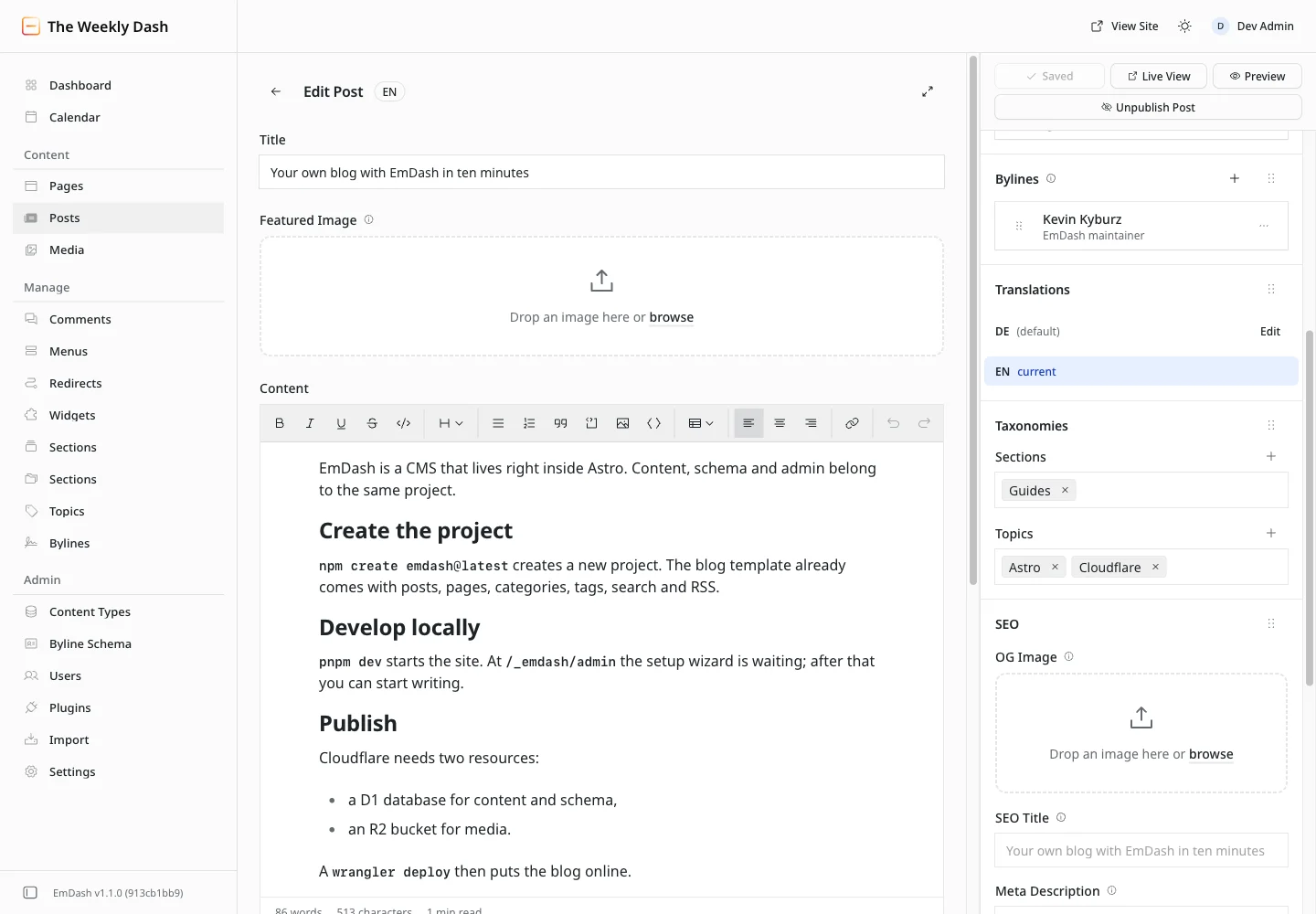 Editor of a saved English post; on the right the Bylines, Translations and Taxonomies panels, with the section Guides and the topics Astro and Cloudflare. The left sidebar lists Sections twice.