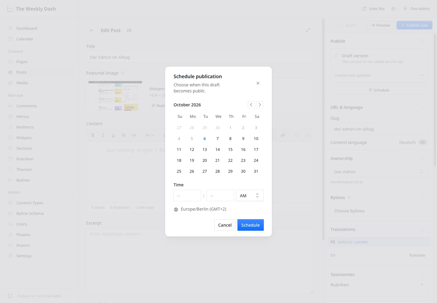 Schedule dialog: calendar for October 2026, hour and minute fields, time zone Europe/Berlin