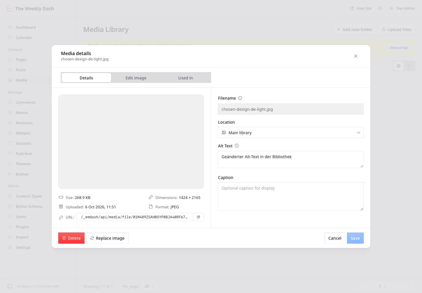 Media details with preview, filename, location Main library, alt text, and the tabs Details, Edit image and Used in