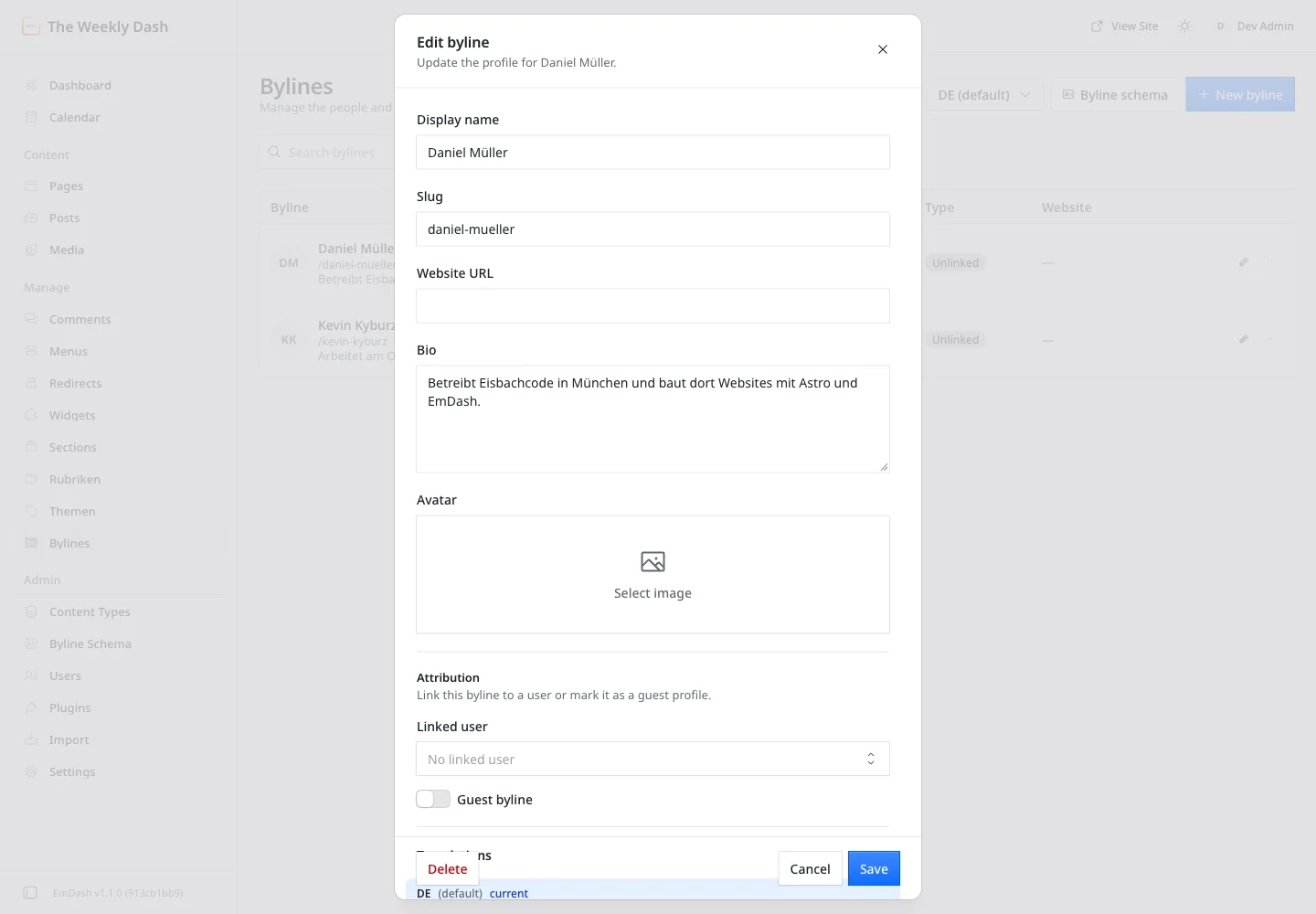 Edit byline dialog: display name, slug, website URL, bio, avatar, the linked user, and translations DE and EN