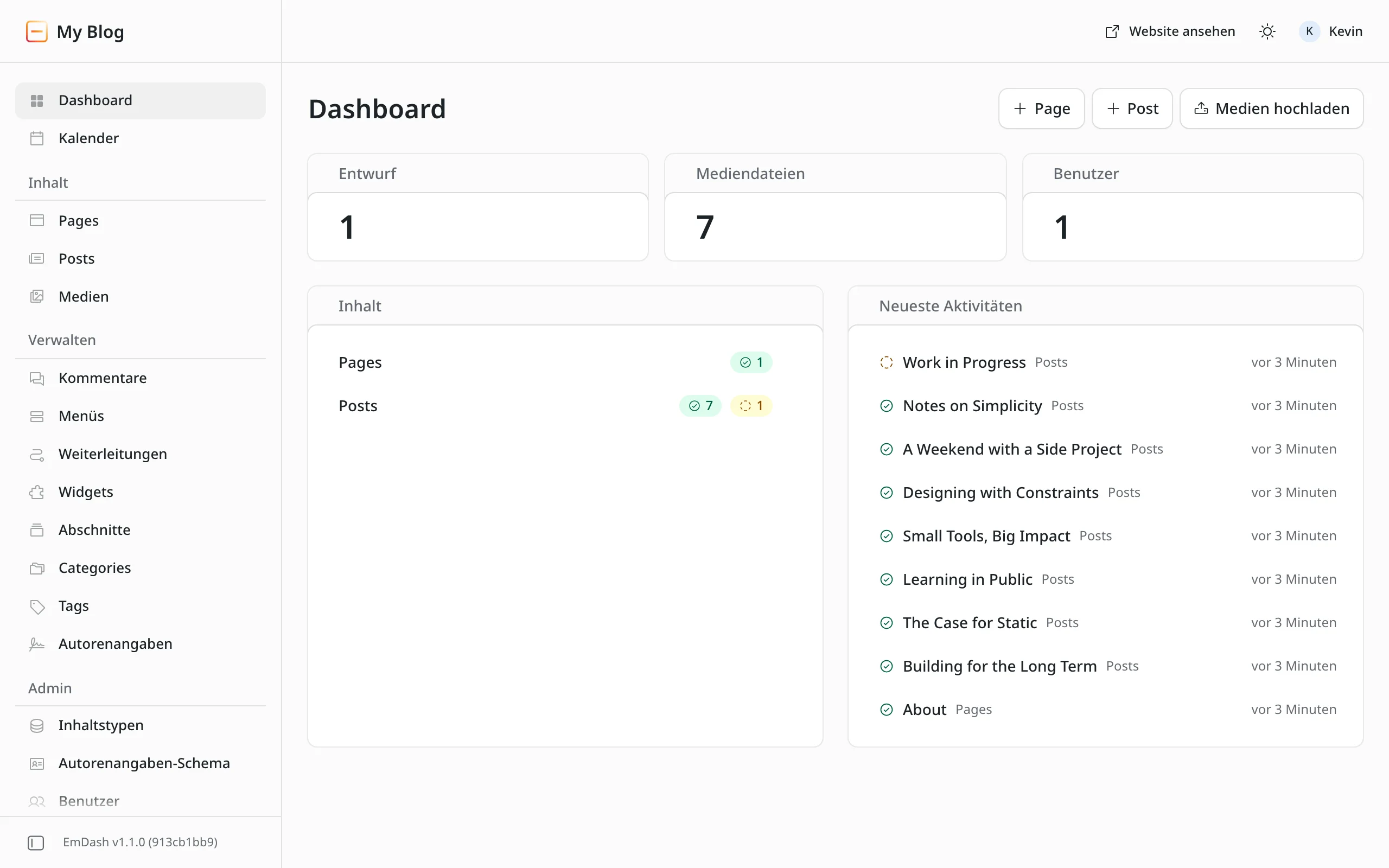 Das Dashboard von EmDash nach dem Update. Der Hinweis auf die neue Version ist verschwunden, unten links steht „EmDash v1.1.0“, und in der Navigation ist der Eintrag „Kalender“ dazugekommen.