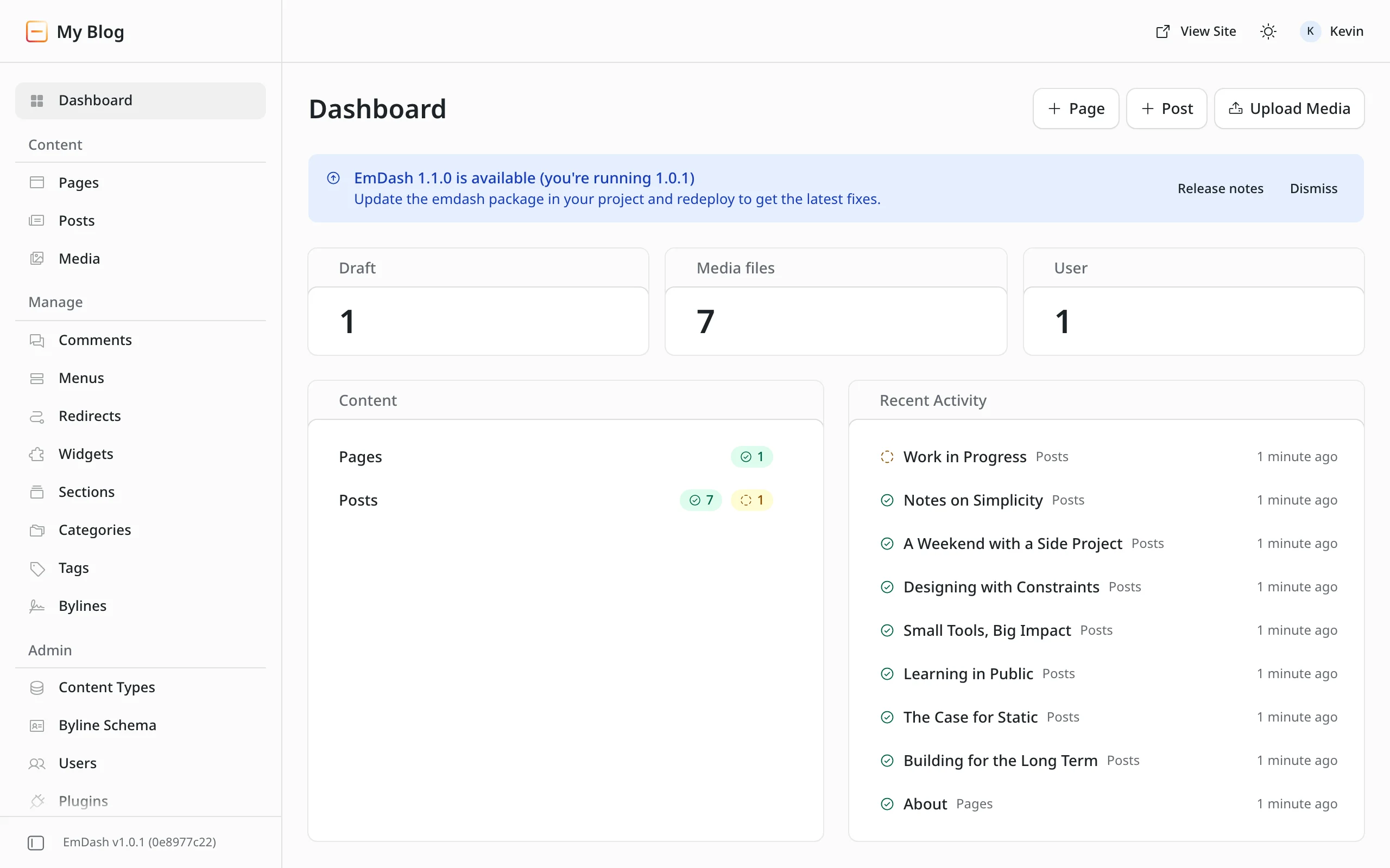 The EmDash dashboard with a blue notice at the top: "EmDash 1.1.0 is available (you're running 1.0.1)". Below it, a line saying to update the emdash package in your project and redeploy, next to the buttons "Release notes" and "Dismiss". At the bottom left of the navigation it says "EmDash v1.0.1".
