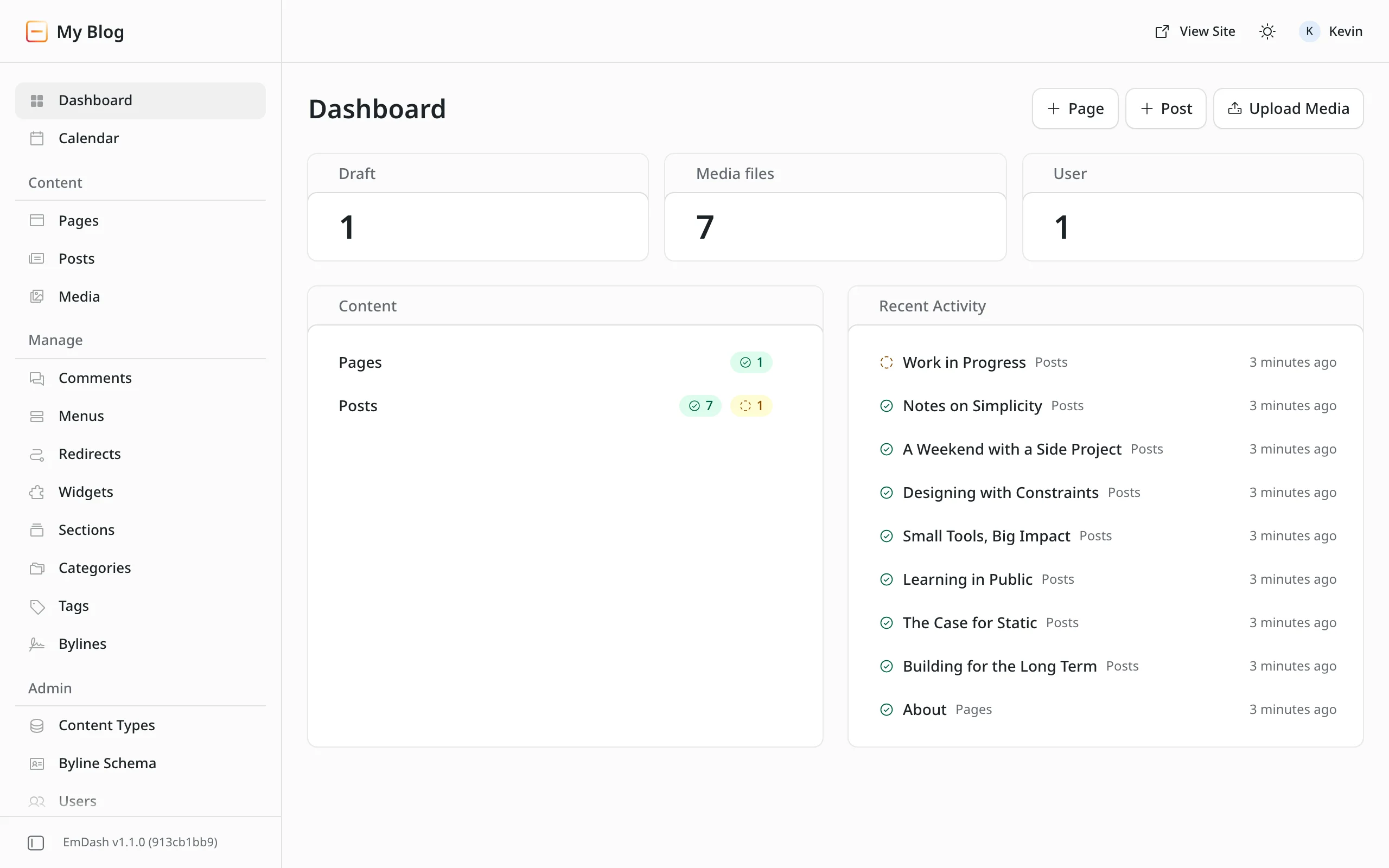 The EmDash dashboard after the update. The notice about the new version is gone, the bottom left says "EmDash v1.1.0", and the navigation has a new entry, "Calendar".
