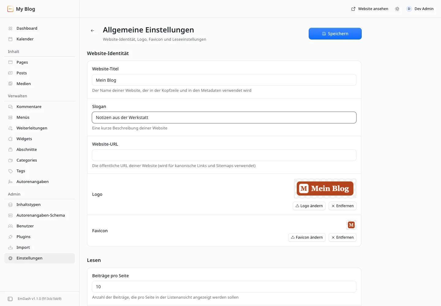 Allgemeine Einstellungen im deutschen Adminbereich: Website-Titel Mein Blog, Slogan Notizen aus der Werkstatt, darunter das hochgeladene Logo und das Favicon mit den Knöpfen Logo ändern, Favicon ändern und Entfernen