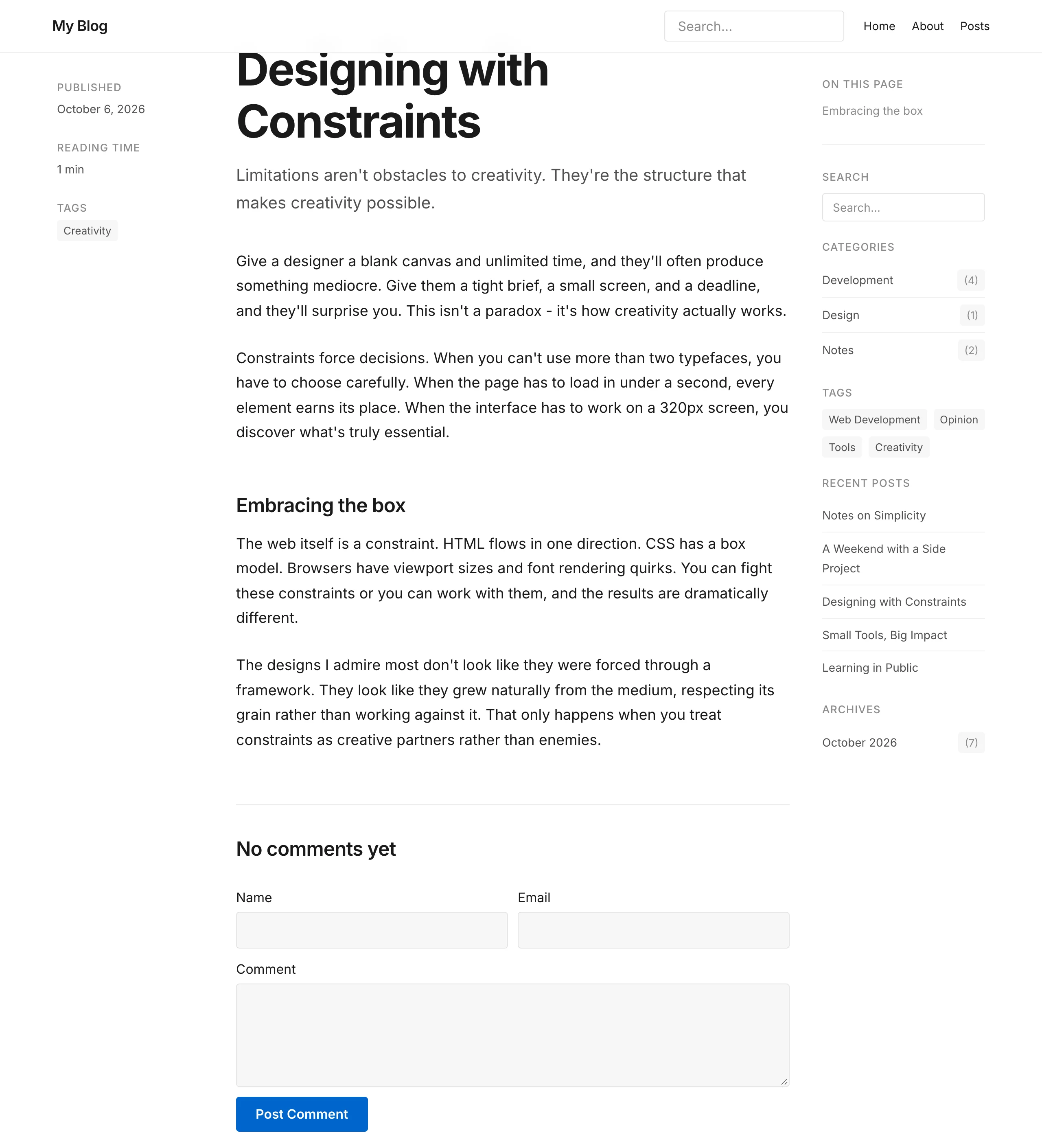 A post on the blog template as shipped: the title My Blog as text at the top left, headings and body in Inter, a blue Post Comment button