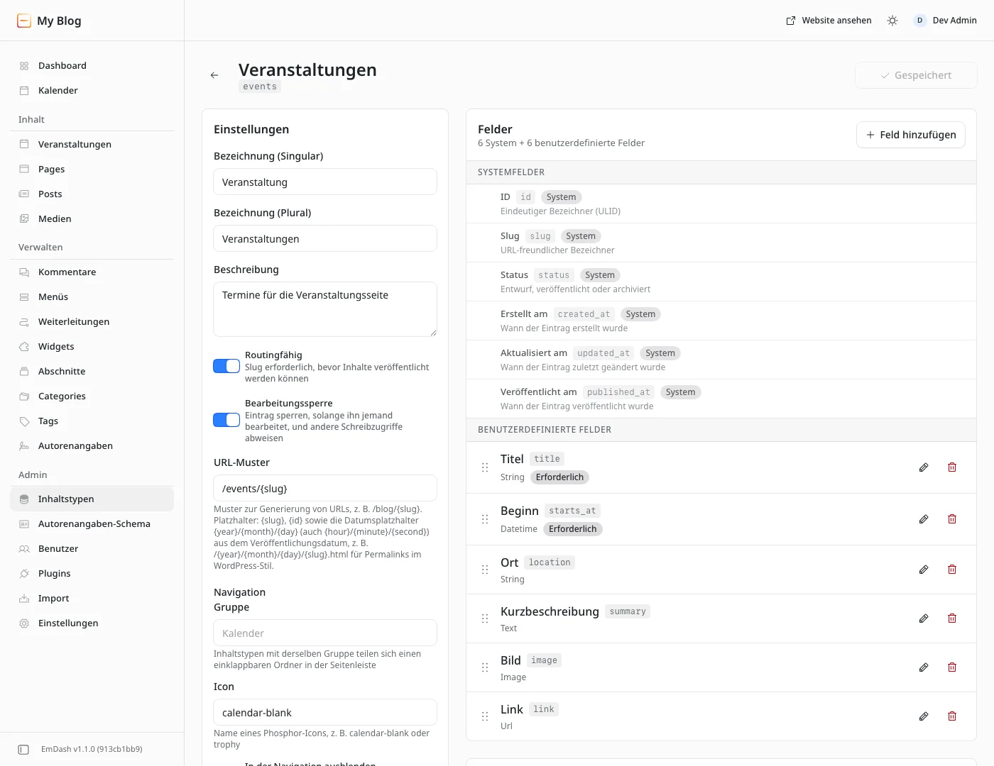 Seite des Inhaltstyps Veranstaltungen: links Bezeichnungen, Slug events und URL-Muster /events/{slug}, rechts sechs Systemfelder und die sechs eigenen Felder
