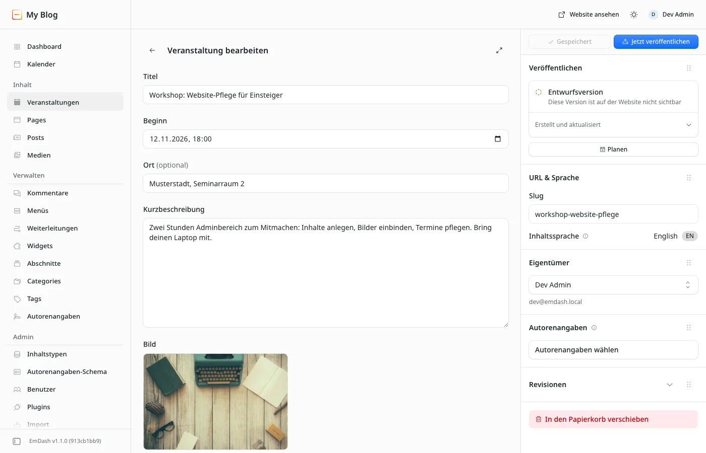 Editor einer Veranstaltung mit Titel, Beginn 12.11.2026 18:00, Ort, Kurzbeschreibung und Bild, rechts der Slug workshop-website-pflege