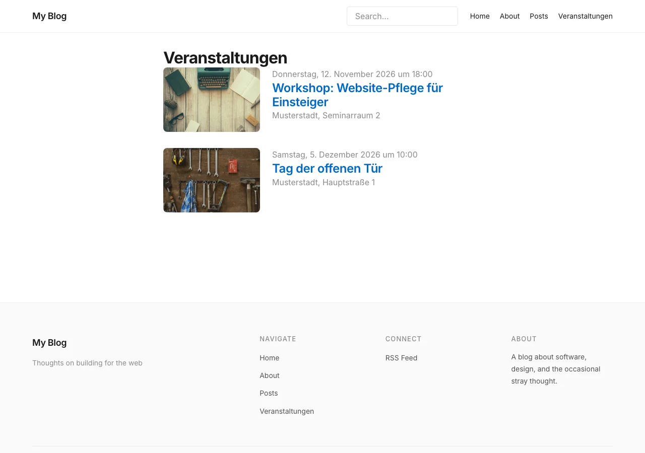 Übersichtsseite Veranstaltungen mit zwei kommenden Terminen, jeweils mit Bild, Datum, Titel und Ort, und dem Menüpunkt Veranstaltungen in der Kopfzeile