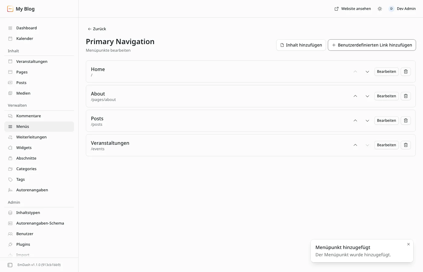 Menü Primary Navigation mit den Punkten Home, About, Posts und dem neuen Punkt Veranstaltungen mit der URL /events