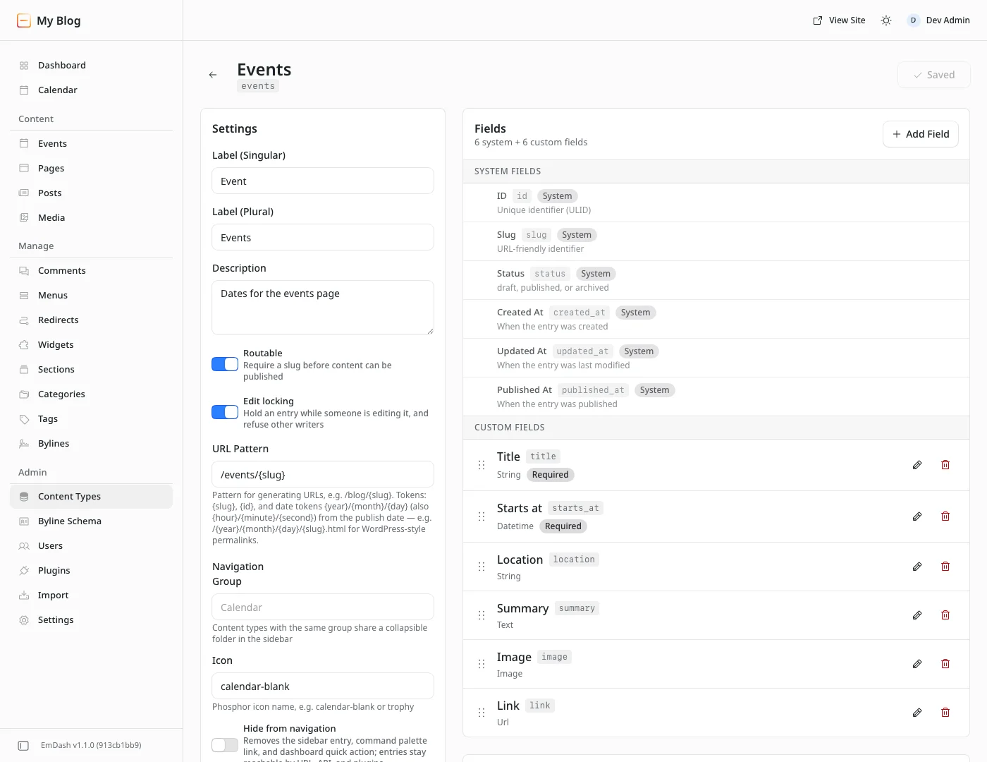 The Events content type page: labels, slug events and URL pattern /events/{slug} on the left, six system fields and the six custom fields on the right