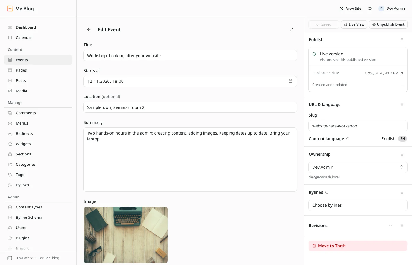 Editor for an event with title, start date, location, summary and image, and the slug website-care-workshop on the right