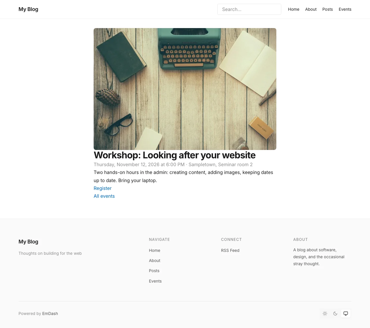 Detail page for the workshop with a large image, the title, date and location, the summary and the Register and All events links