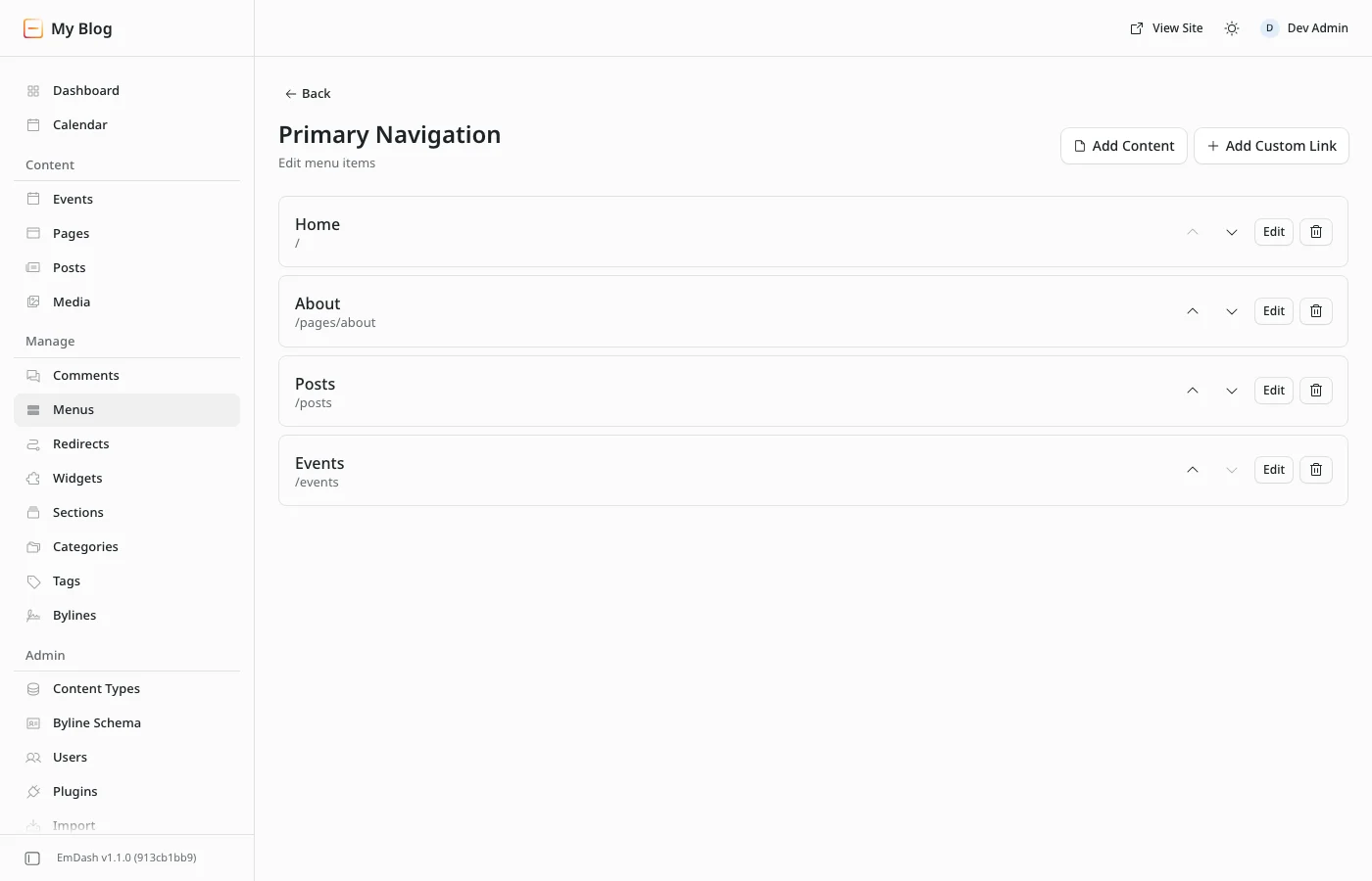 The Primary Navigation menu with Home, About, Posts and the new Events item pointing to /events