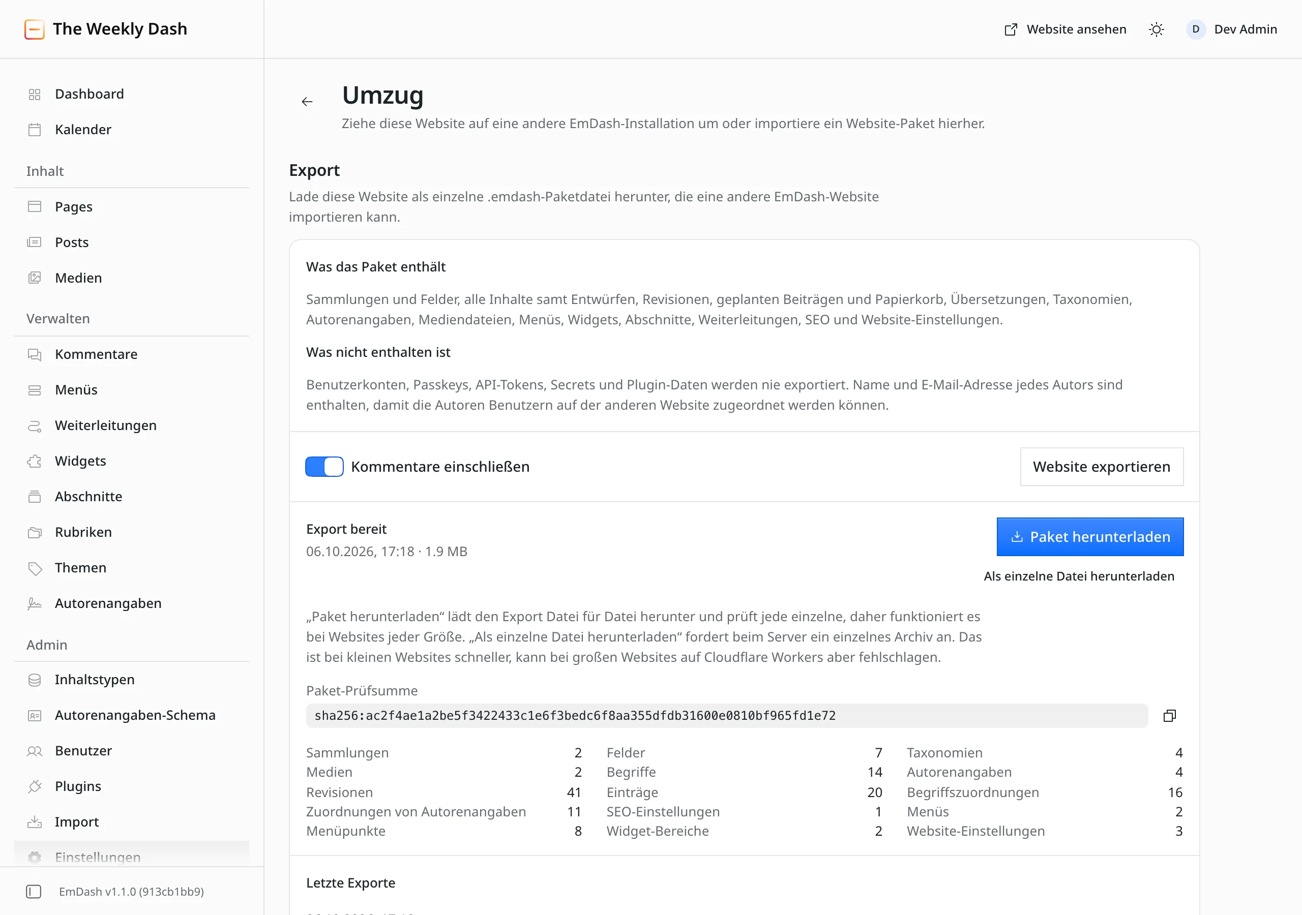 Die Seite „Umzug“ im Admin von EmDash. Im Bereich „Export“ steht, was das Paket enthält und was nicht. Darunter der Schalter „Kommentare einschliessen“, der Knopf „Website exportieren“ und die Meldung „Export bereit“ mit 1,9 MB, dem Knopf „Paket herunterladen“ und einer Prüfsumme. Eine Tabelle zählt den Inhalt auf, zum Beispiel 20 Einträge, 41 Revisionen und 2 Medien.