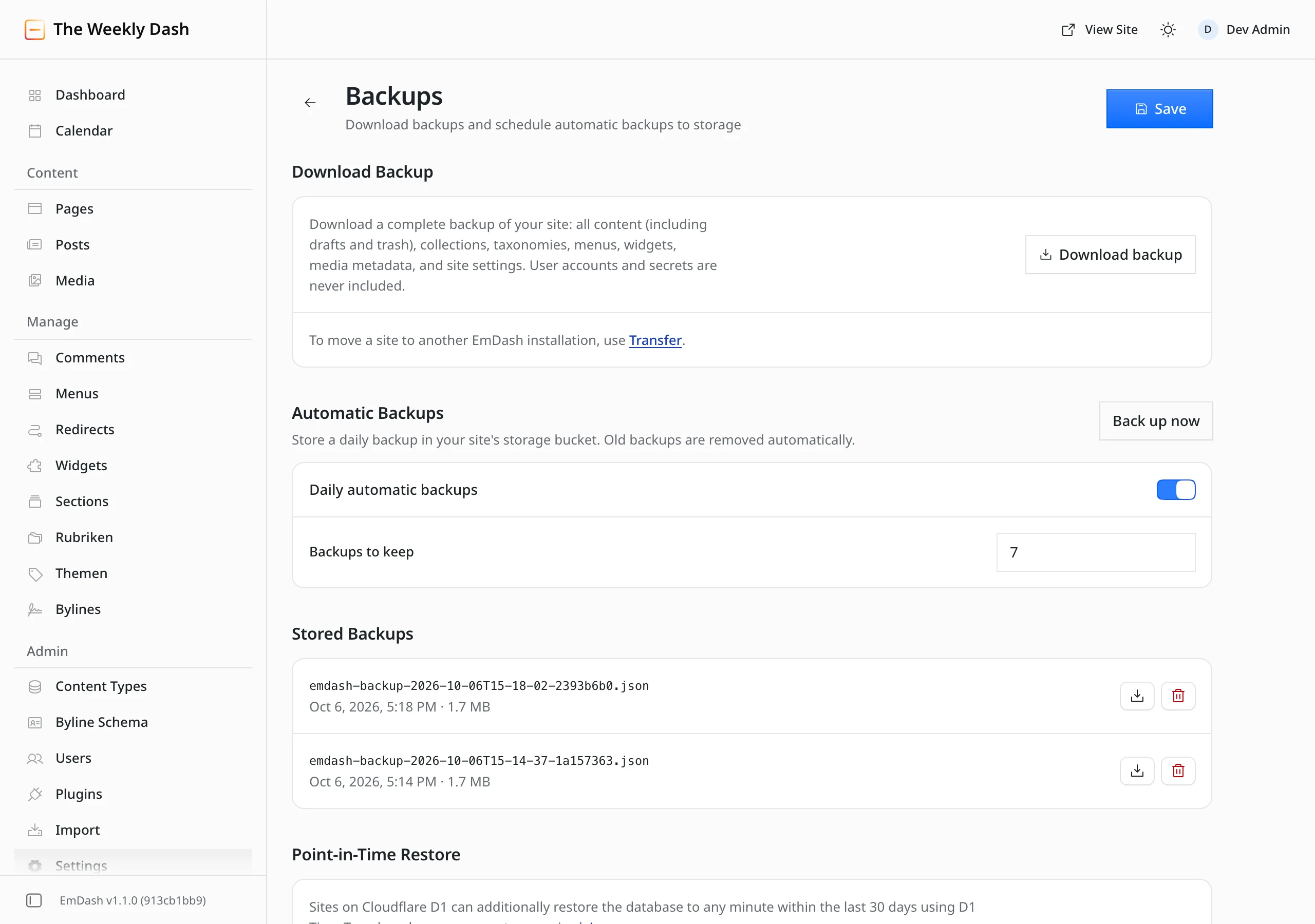 The "Backups" page in the EmDash admin. At the top, the "Download Backup" section with a "Download backup" button. Below it, "Automatic Backups" with a "Back up now" button, a switch for daily automatic backups that is turned on, and the field "Backups to keep" set to 7. Below that, the "Stored Backups" list with two files of 1.7 MB each. At the very bottom, the start of a note on point-in-time restore with D1 Time Travel.
