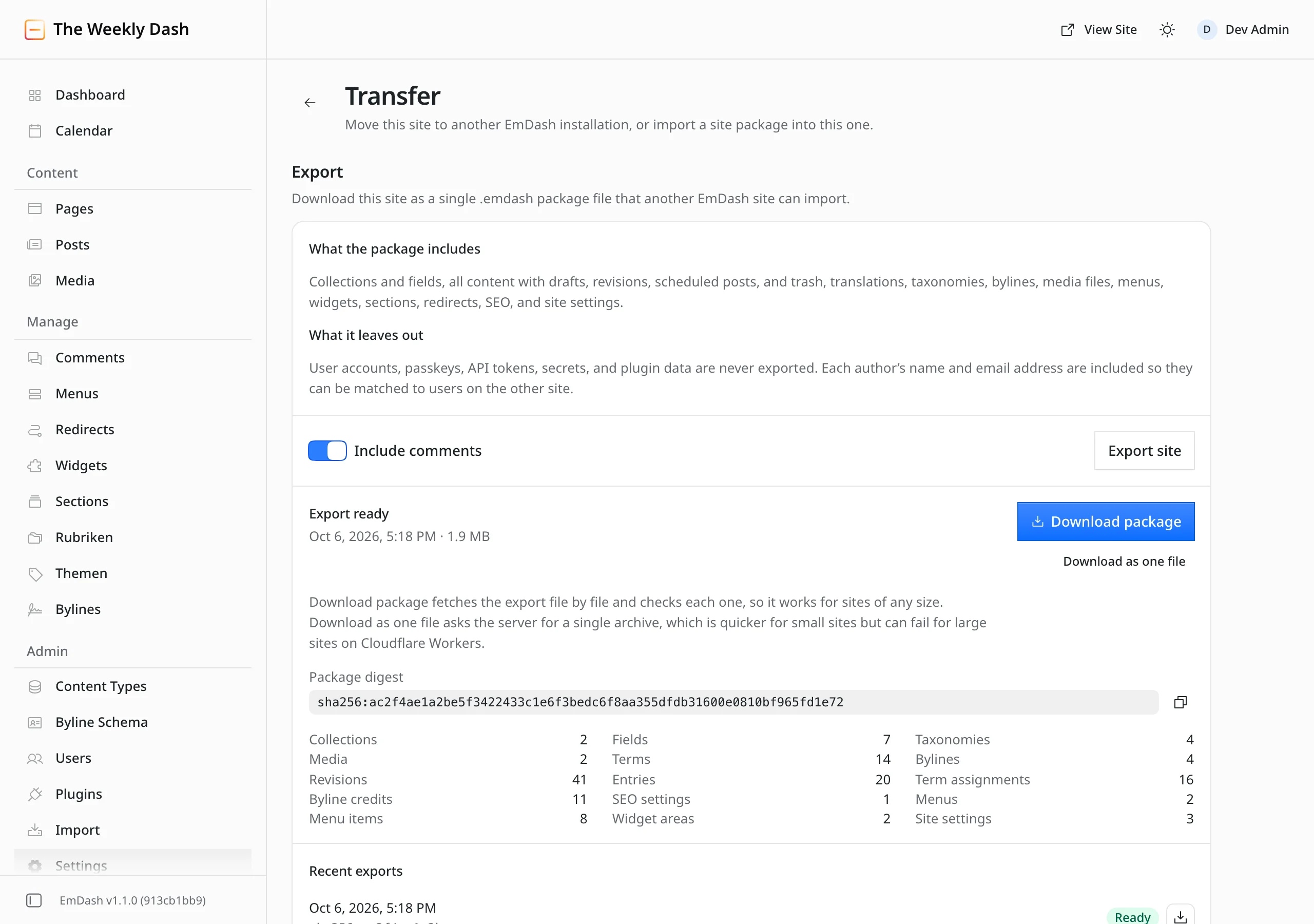 The "Transfer" page in the EmDash admin. The "Export" section lists what the package includes and what it leaves out. Below it, the "Include comments" switch, the "Export site" button and the message "Export ready" with 1.9 MB, the "Download package" button, a "Download as one file" link and a package digest. A table counts the contents, for example 20 entries, 41 revisions and 2 media.