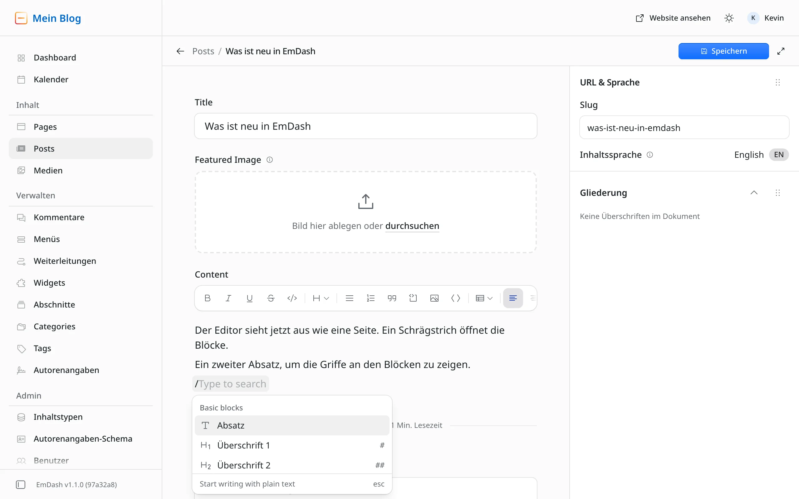 Das Schrägstrich-Menü im EmDash-Editor. Unter dem getippten Schrägstrich eine Liste mit der Gruppe Basic blocks und den Einträgen Absatz, Überschrift 1 und Überschrift 2, rechts daneben die Markdown-Kürzel # und ##.