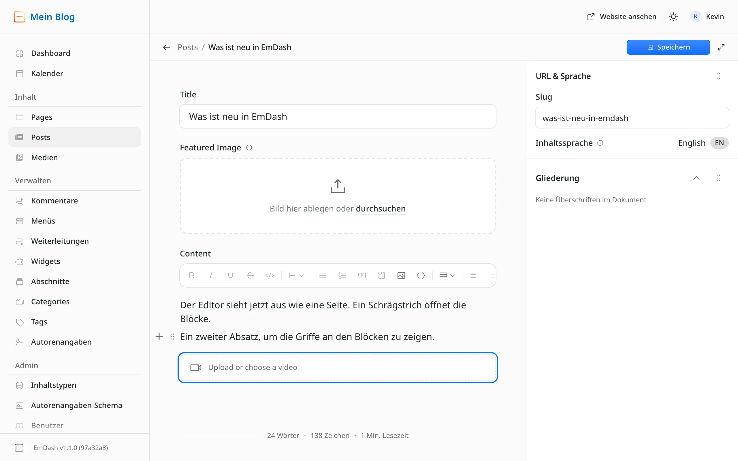 Ein Absatz im EmDash-Editor mit einem Plus und einem Griff links daneben. Darunter ein leerer Video-Block mit dem Hinweis „Upload or choose a video“.
