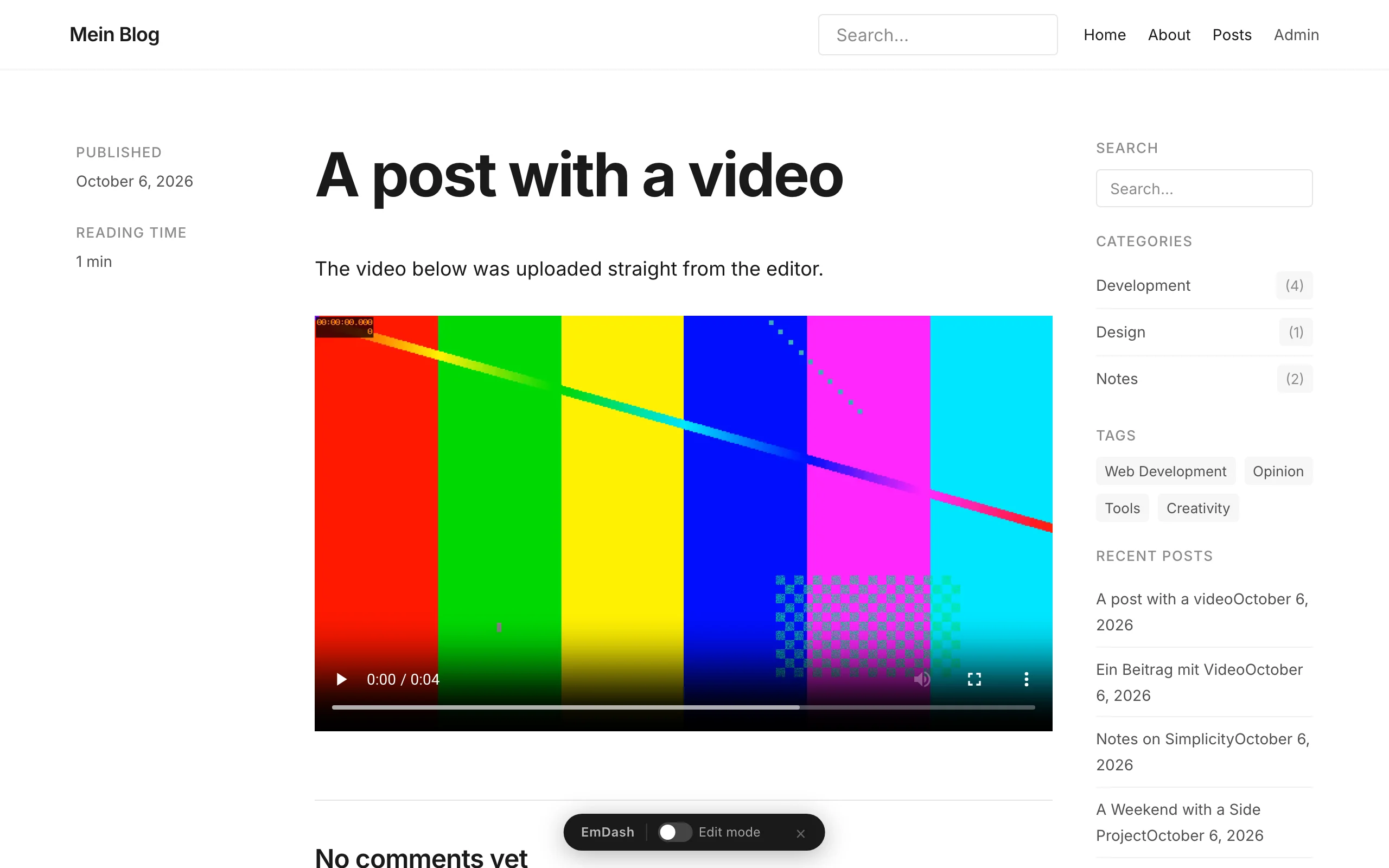 A published post "A post with a video" on the blog template's site. Below the text a video with colour bars and the browser's controls, running time 0:04.