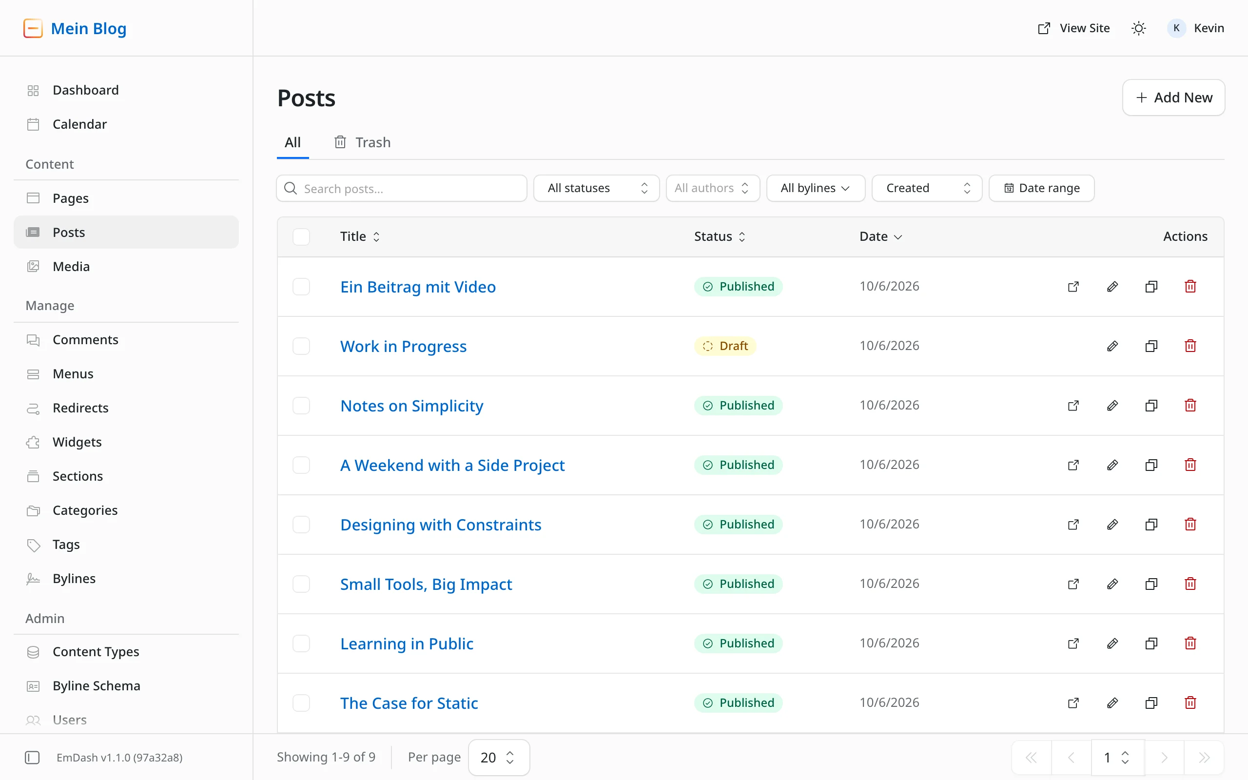 The post list in the EmDash admin with nine posts. Bottom left "Showing 1-9 of 9" and "Per page 20", bottom right the page controls on page 1.