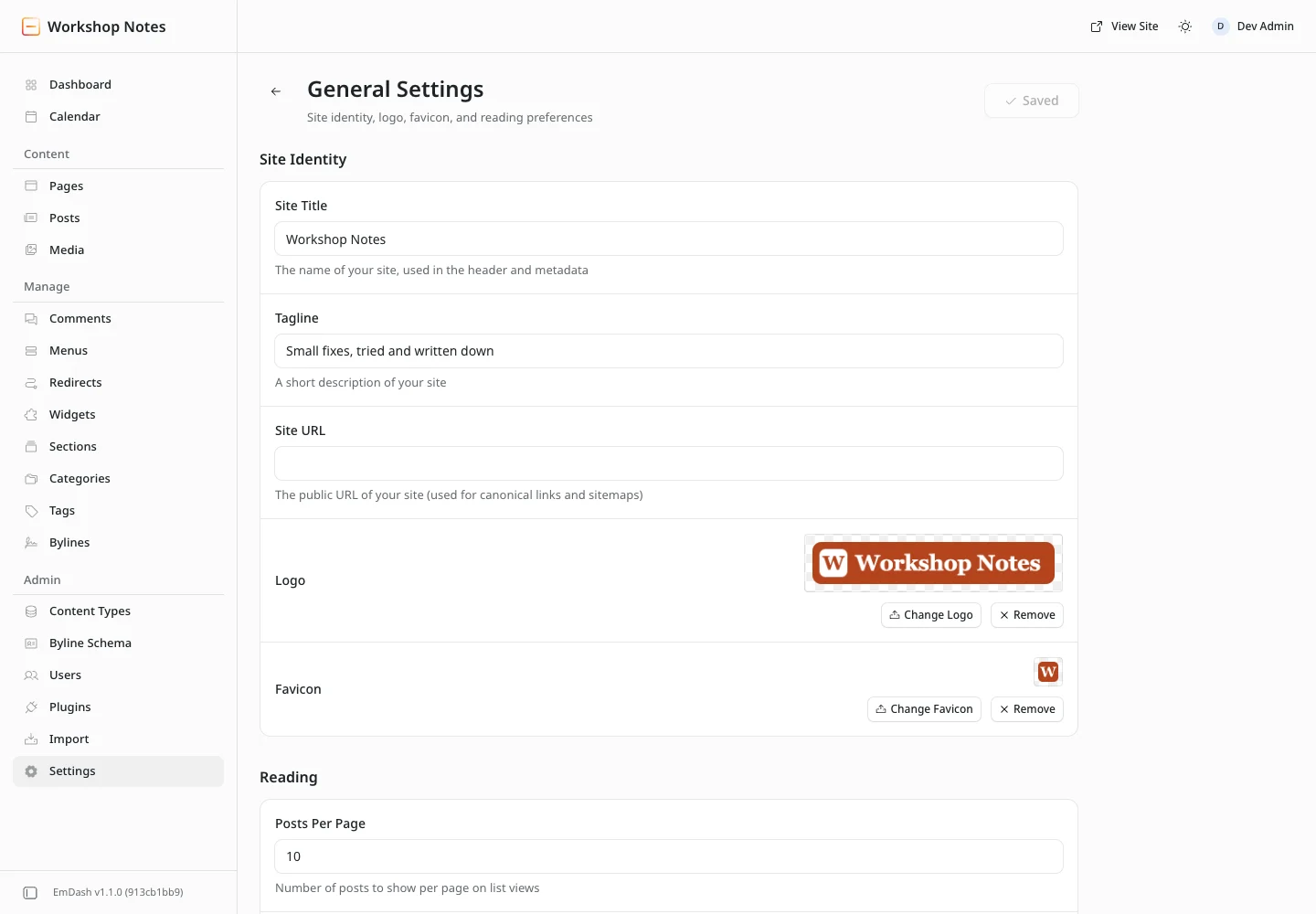 General Settings in the admin: site title Workshop Notes, tagline Small fixes, tried and written down, below them the uploaded logo and favicon with the Change Logo, Change Favicon and Remove buttons