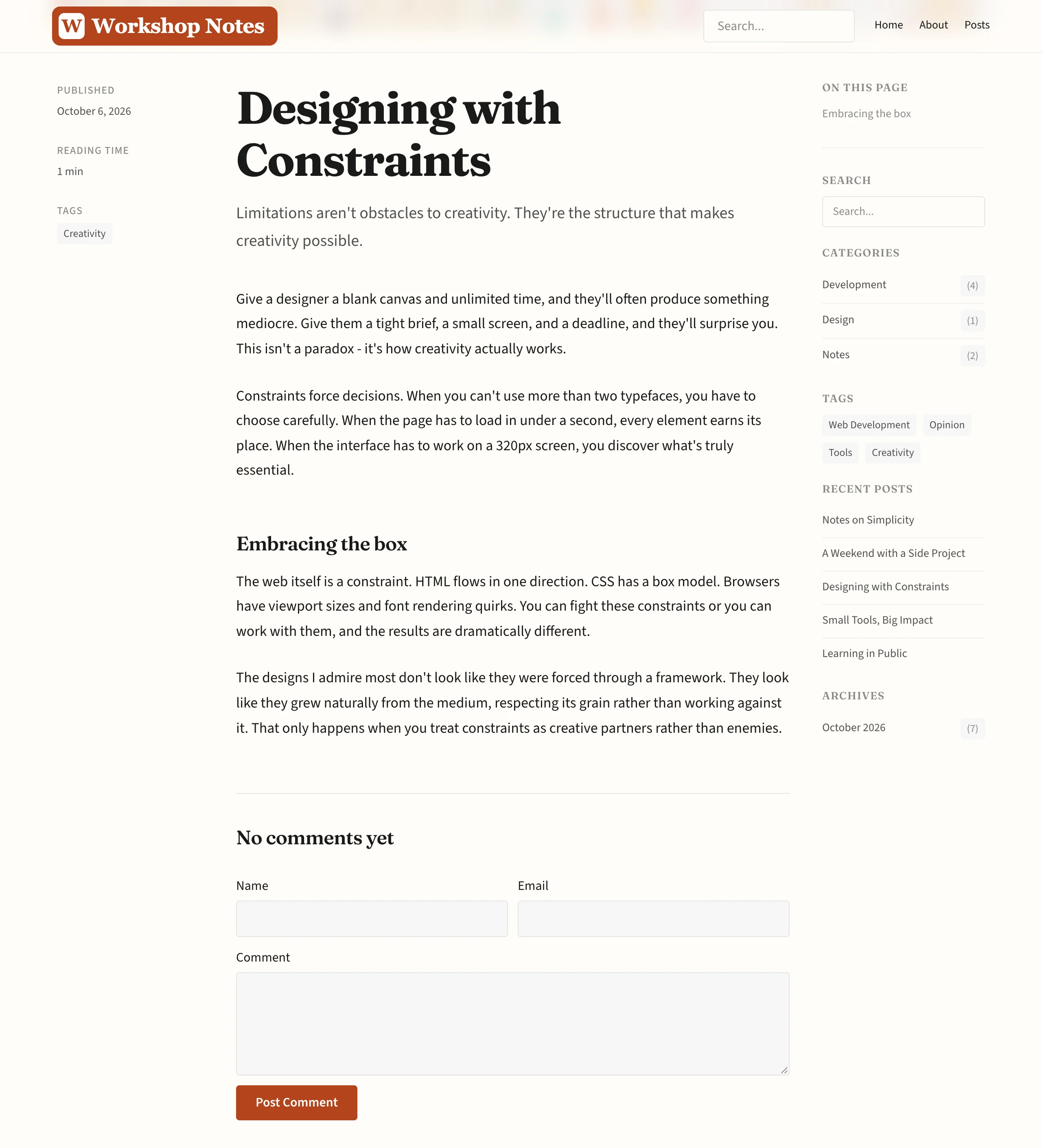 The same post after the makeover: Workshop Notes logo at the top left, headings in Fraunces, body text in Source Sans 3, a warm background and a terracotta Post Comment button