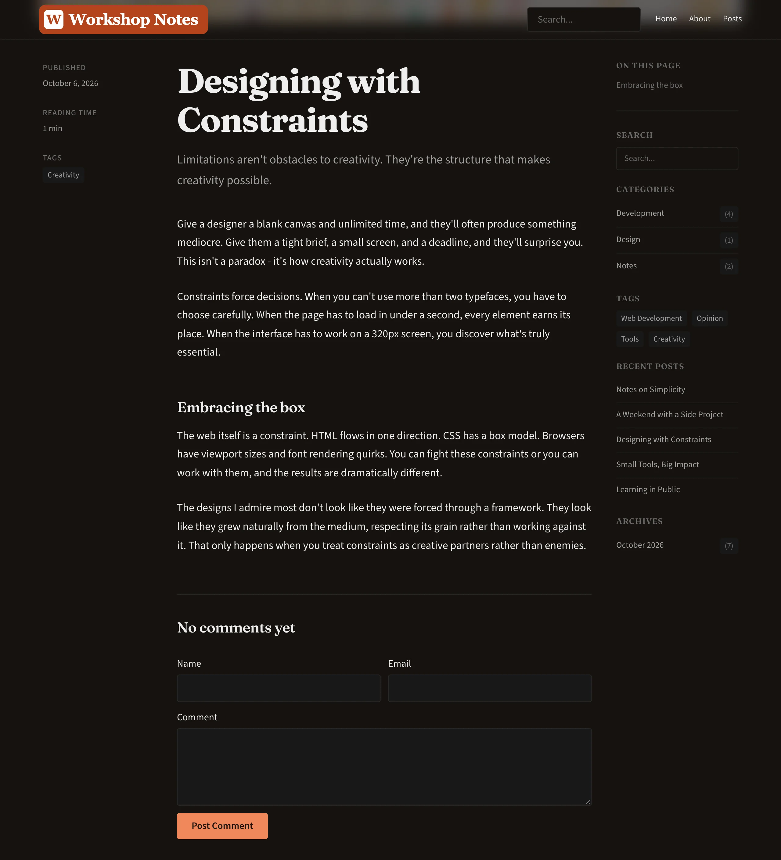 The same post in dark mode: dark brown background, light orange accent, the Post Comment button with dark text
