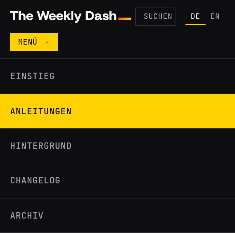 Die Kopfzeile auf dem Smartphone mit geöffnetem Menü: Einstieg, Anleitungen, Hintergrund, Changelog und Archiv untereinander, Anleitungen ist gelb hervorgehoben