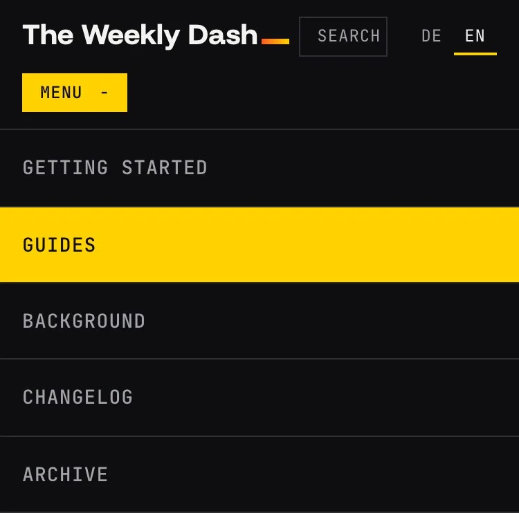 The site header on a phone with the menu open: Getting started, Guides, Background, Changelog and Archive stacked, with Guides highlighted in yellow