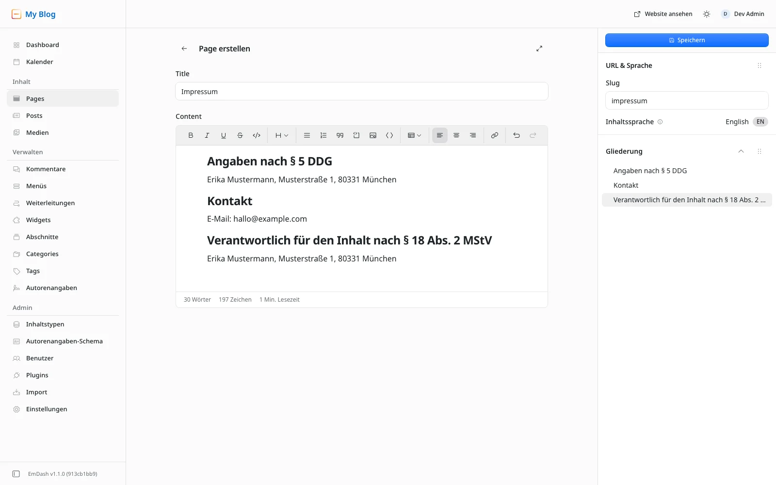 Editor Page erstellen mit dem Titel Impressum und den Abschnitten Angaben nach § 5 DDG, Kontakt und Verantwortlich für den Inhalt nach § 18 Abs. 2 MStV mit Musterdaten, rechts unter URL & Sprache der Slug impressum