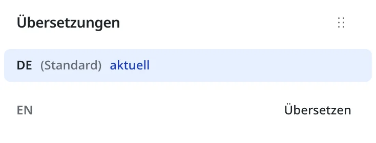 Bereich Übersetzungen in der Seitenleiste des Editors: DE (Standard) aktuell, darunter EN mit dem Knopf Übersetzen