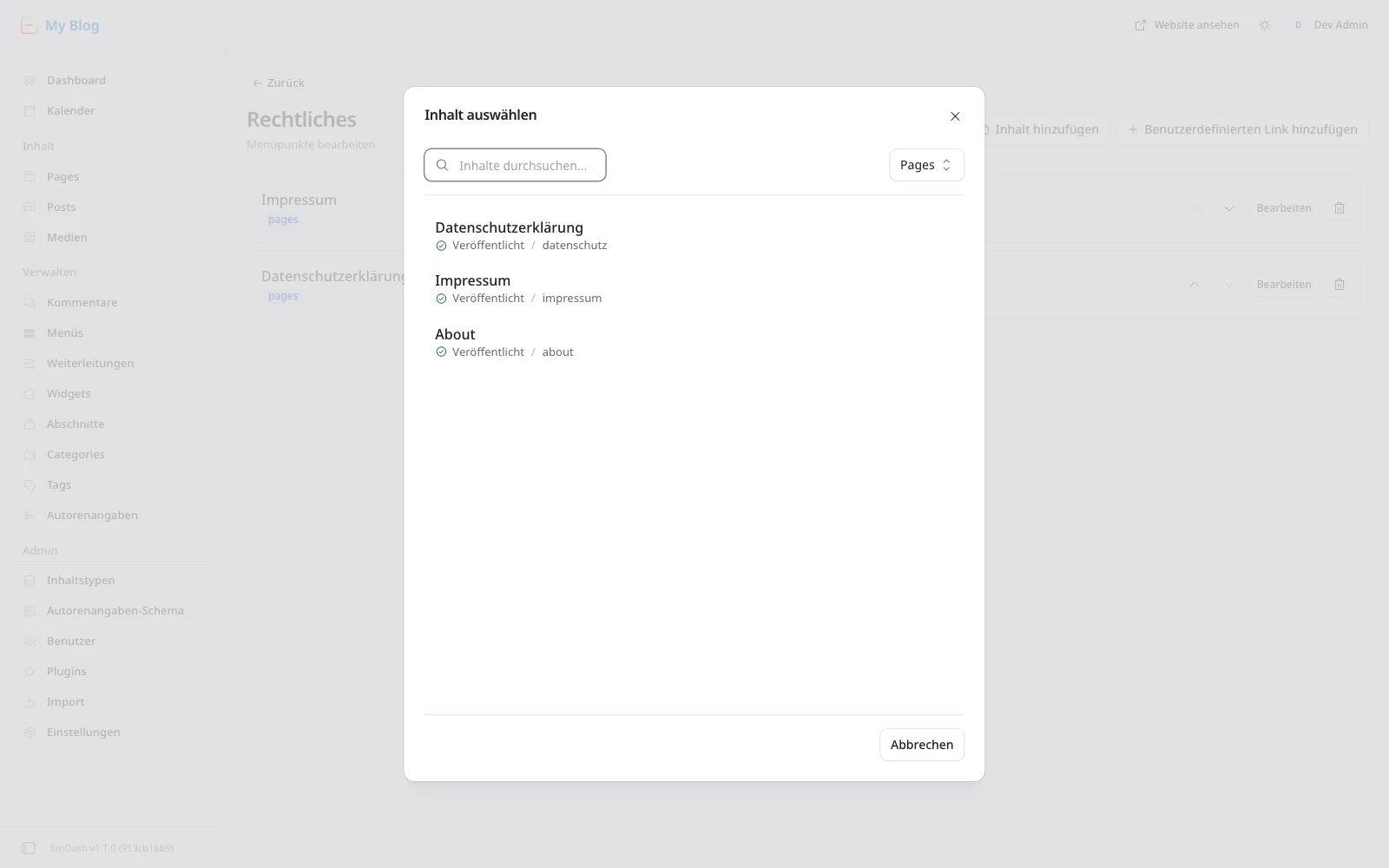 Dialog Inhalt auswählen mit den Pages Datenschutzerklärung, Impressum und About, jeweils mit Status Veröffentlicht und Slug